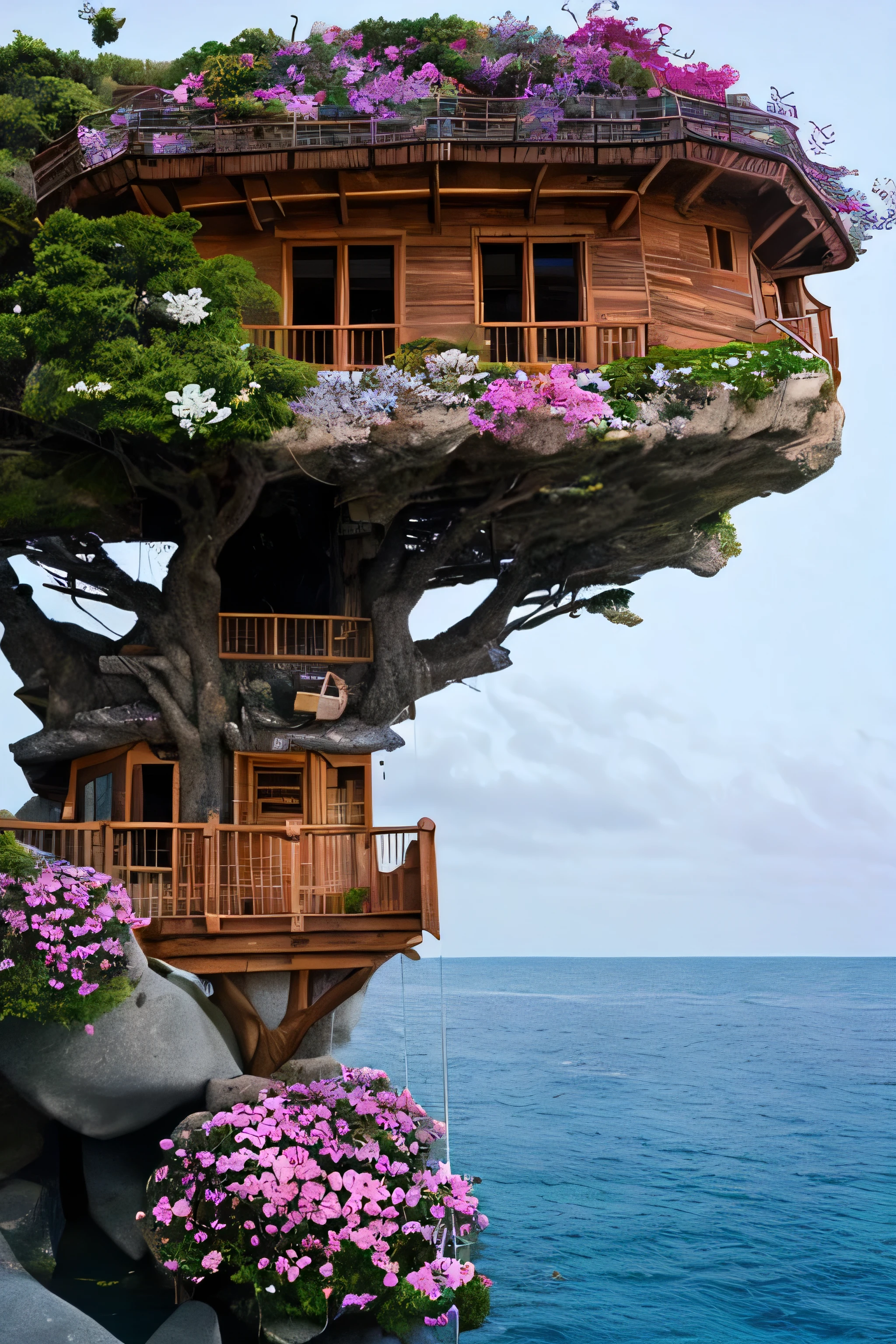 Perfection The Coolest tree house on a large rock in the middle of the sea with flowers in front of the house and trees on both sides of the house