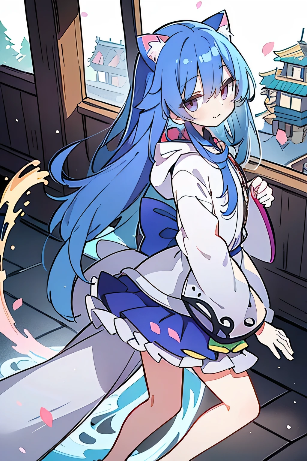 (masterpiece:1.uper detailed,lifelike,Expressive eyes,fair skin,perfect face shape,1 girl,
Japanese comics,Gorgeous blue hair,flowing blue hair,flowing clothes,Cat ears,Petals fall,beautiful lola,Baby Angel,
Shaking head with one hand,Cross your legs,Gentle and peaceful background,The pavilion is cool and comfortable,smile, wearing hoodie, background of tokyo,back views.snowing, winter.