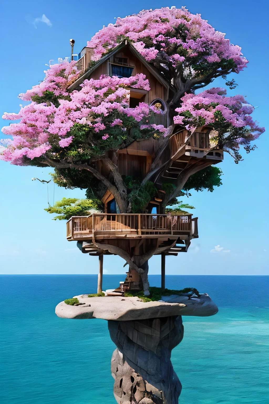 Perfection The Coolest tree house on a large rock in the middle of the sea with flowers in front of the house and trees on both sides of the house