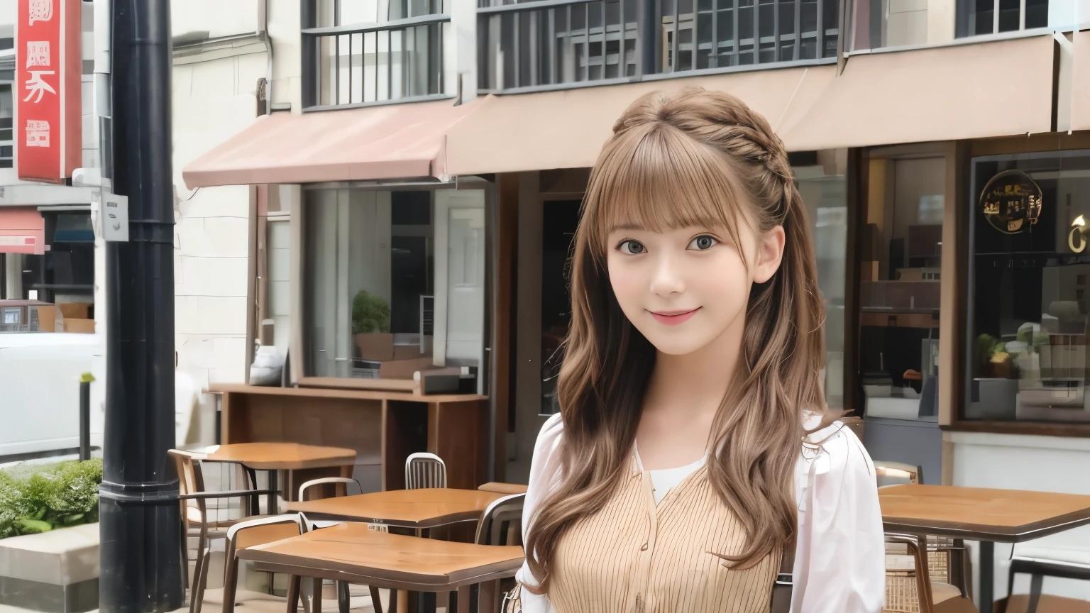 super high quality, thin, Photography Sculpture, The staff is working at the counter in the back.., (8k、RAW Photos、highest quality、masterpiece:1.2), Japanese Idols, Brown Hair, Stylish cafe, People having fun at the cafe々Bustling with., (Realistic、Realistic:1.37), Mesh Hair, Golden Ratio, RAW Photos, Cute face , Light Brown Hair, Small breasts, Blurred Background, Spring Clothes, Well designed furniture, Ruth Palmer, Beautiful hairstyle, Spoiled, Open Cafe, A kind smile, Hair blowing in the wind, Dress neatly, Berry Short, 18-year-old,