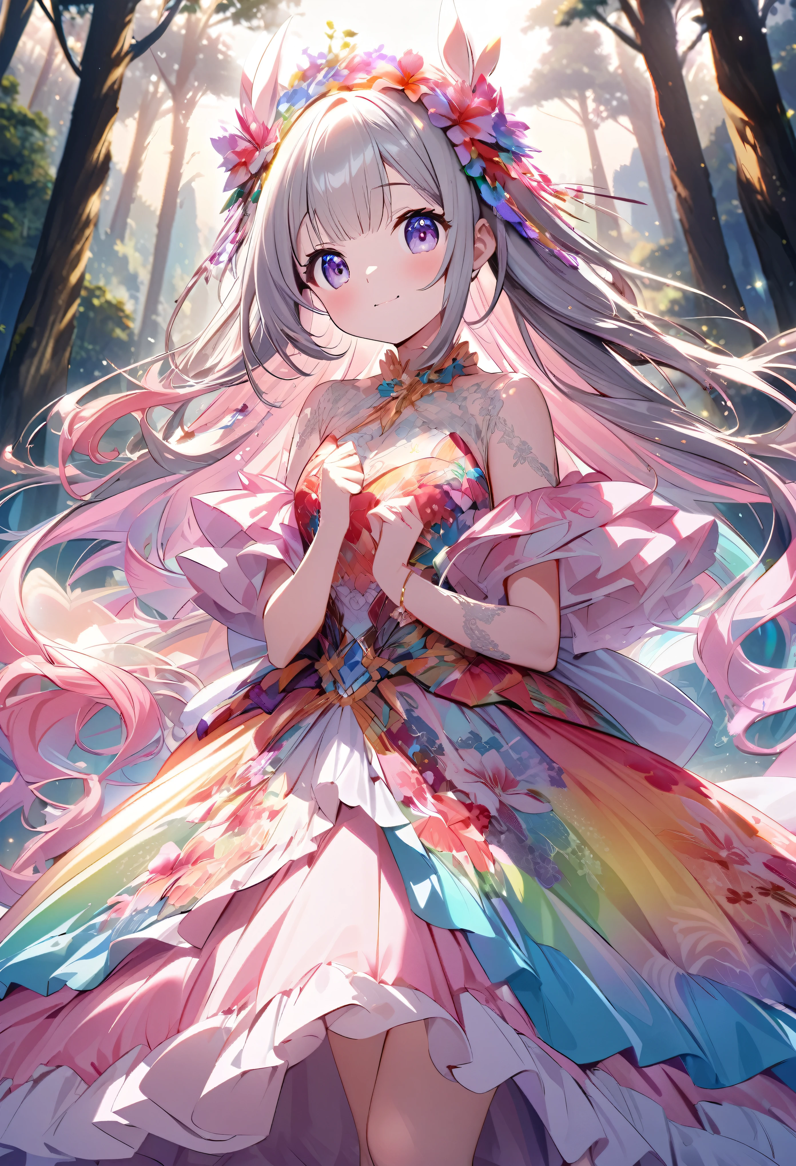 ``Japanese anime character, cute rabbit in pink color, beautiful adorable rabbit wearing an elegant and elaborate Hawaiian dress, the dress must have intricate designs and patterns to give it a luxurious and exclusive look. In the background, the image should depict the richness of the forest, with sunlight reflecting off the trees and illuminated mountains beyond. , emphasize the shimmering effect and rainbow throughout the image. Enhance your look and add special ruffles to your dress to stand out.”