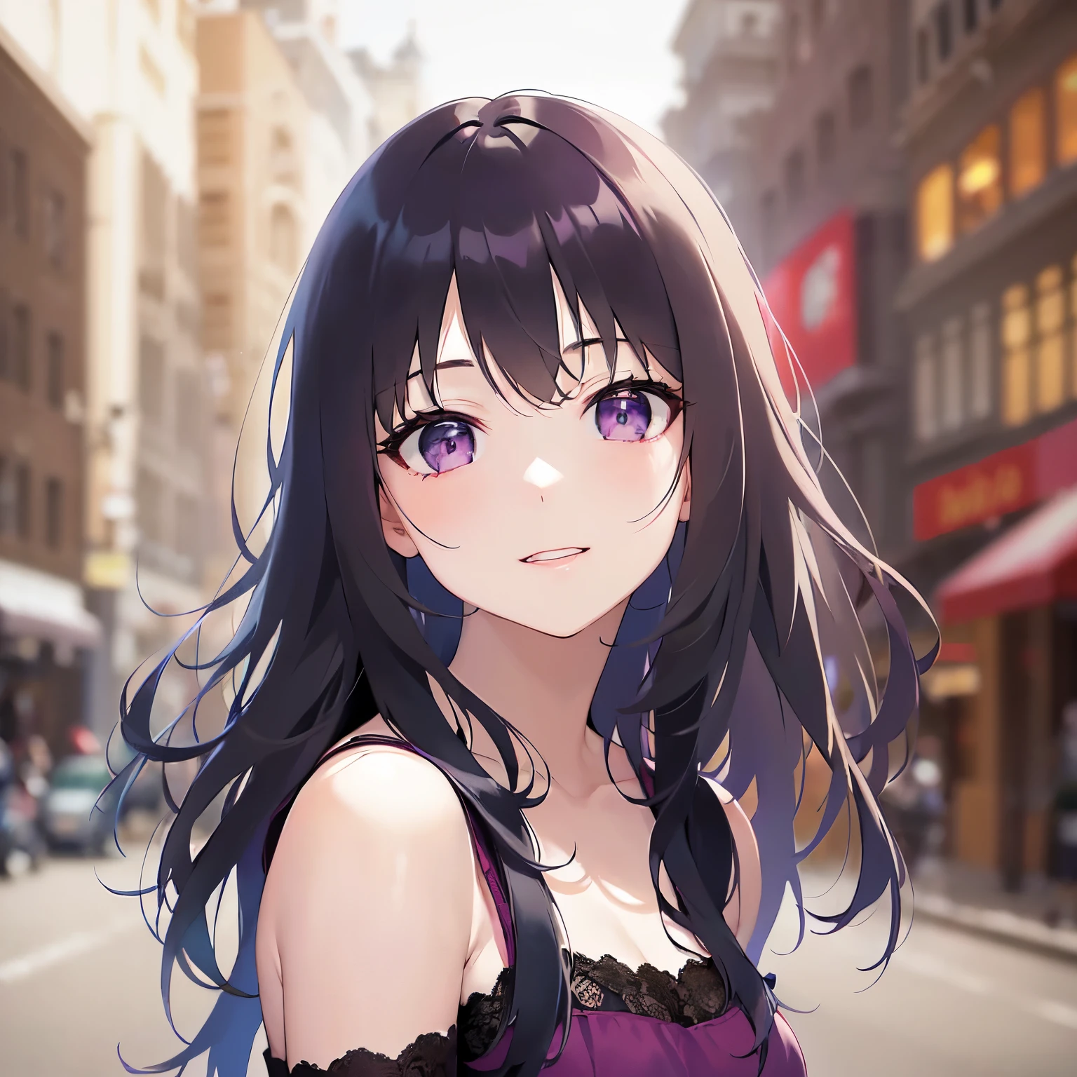 head tilt、Upper Body, Realistic, real person, (pale skin: 1.2), RAW photo, photorealistic, portrait photography, shiny skin, shiny hair、(A 25-year-old woman with wavy hair and bangs) and (medium hair) and (black hair) and (purple eyes) , (pink dress) and (Off the shoulder)、smile, The background is a park、Alone、Are standing