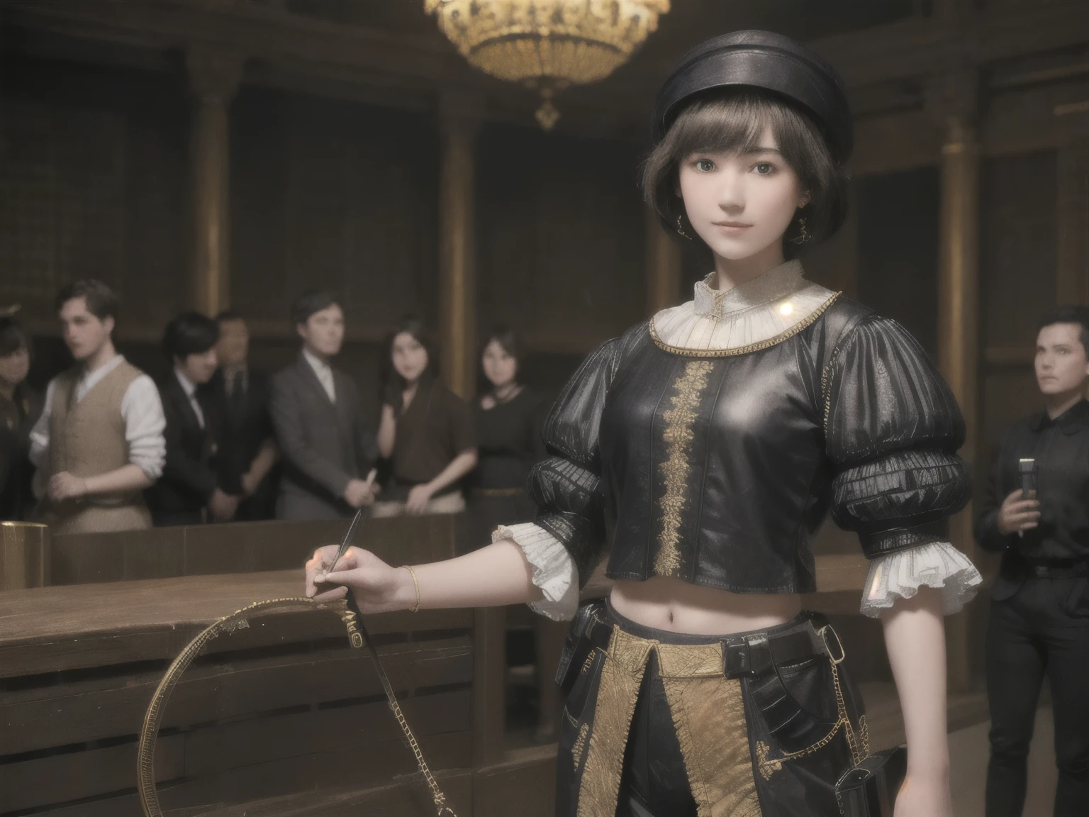 222 Short Hair, 20-year-old woman, A kind smile, (Luxurious stables), (Rembrandt-style painting), (machinery suit, Clothes that show abs、Clothes with short sleeves)
