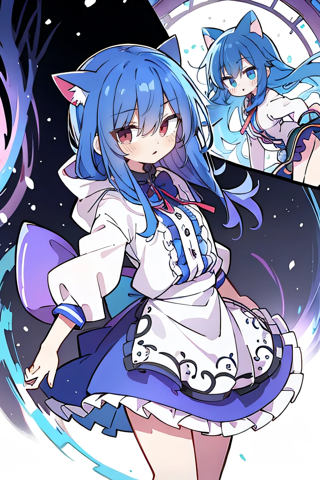 (masterpiece:1.2),Super detailed,lifelike,Expressive eyes,fair skin,perfect face shape,1 girl,
Japanese comics,Gorgeous blue hair,flowing blue hair,flowing clothes,Cat ears,Petals fall,beautiful lola,Baby Angel,
Shaking head with one hand,Cross your legs,Gentle and peaceful background,The pavilion is cool and comfortable,smile, wearing hoodie, background of tokyo,back views.snowing, winter.