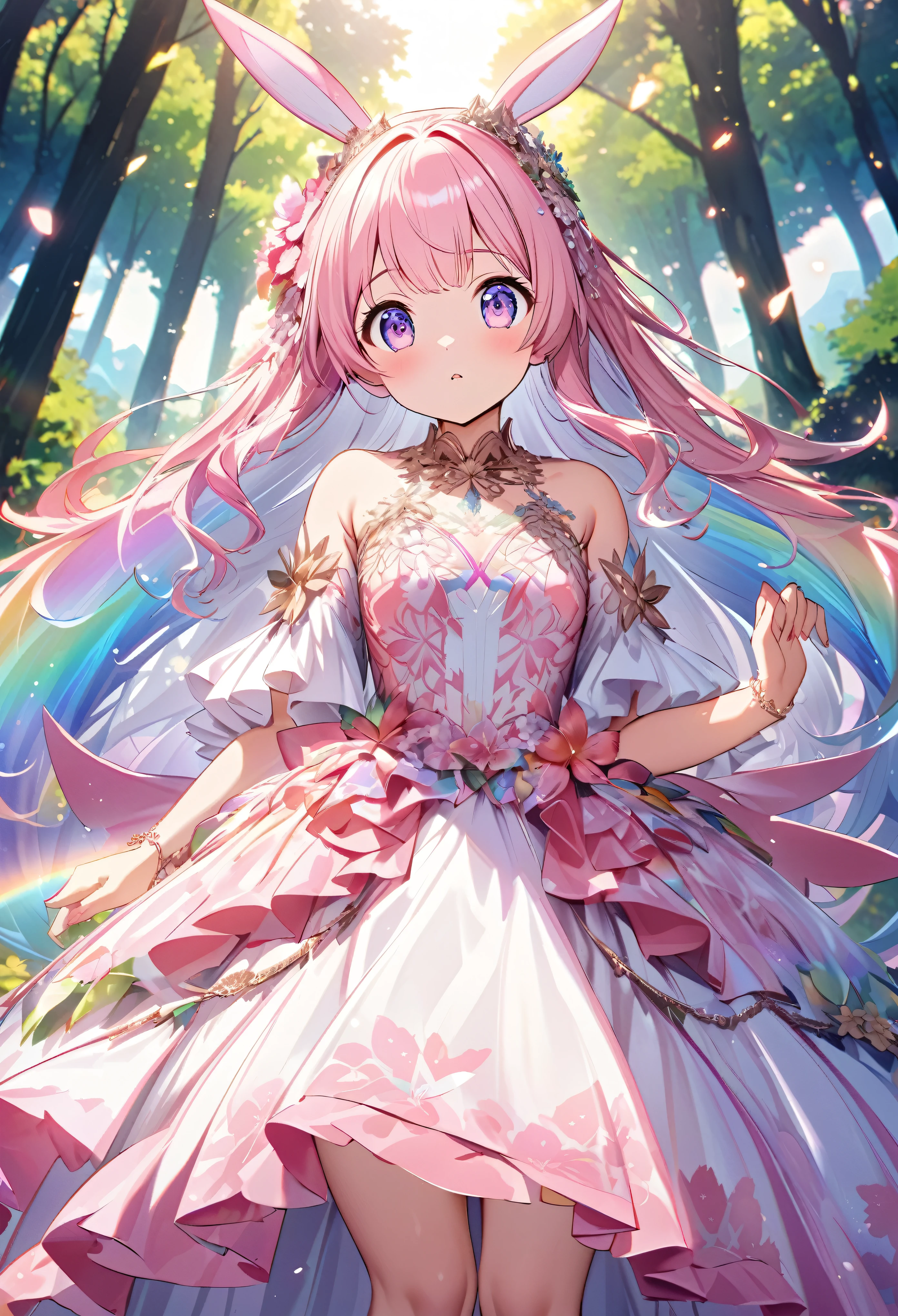 ``Japanese anime character, cute rabbit in pink color, beautiful adorable rabbit wearing an elegant and elaborate Hawaiian dress, the dress must have intricate designs and patterns to give it a luxurious and exclusive look. In the background, the image should depict the richness of the forest, with sunlight reflecting off the trees and illuminated mountains beyond. , emphasize the shimmering effect and rainbow throughout the image. Enhance your look and add special ruffles to your dress to stand out.”