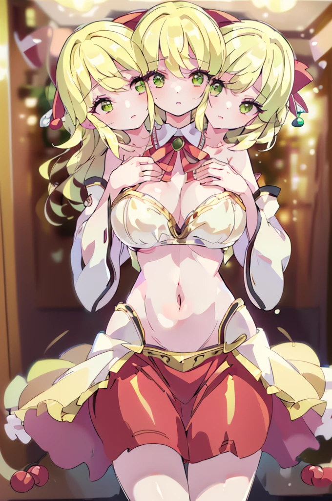 (masterpiece, best quality), best quality, (ultra-detailed), (3heads:1.5), 1girl, (rin satsuki :1.3), masterpiece, (best quality:1.5, highres, UHD), highres, absurdo, ultra detail, ultra quality, Ultra resolution, white top, crop top, ((stomach)), midriff, ((groin)), red skirt, normal ears, shackles, blonde hair, very long hair, wavy hair, sidelocks, green eyes, very detailed eyes, parted lips, sweat, cute, toned belly, hand on own chest, eyelashes, (24 year old woman:1.3), (masterpiece:1.5), (best quality:1.5), (beautiful detailed extremely detailed CG, extremely delicate and beautiful, depth of field, (finely detailed face), (perfect details:1.2), (mature female:1.4), wide pelvis, slender, large veiny breast, 16k resolution, highres, very high quality, very high definition, extremely detailed, masterpiece, blonde hair, long hair, alluring presence, braid, short skirt, close up, big , young, red bow,