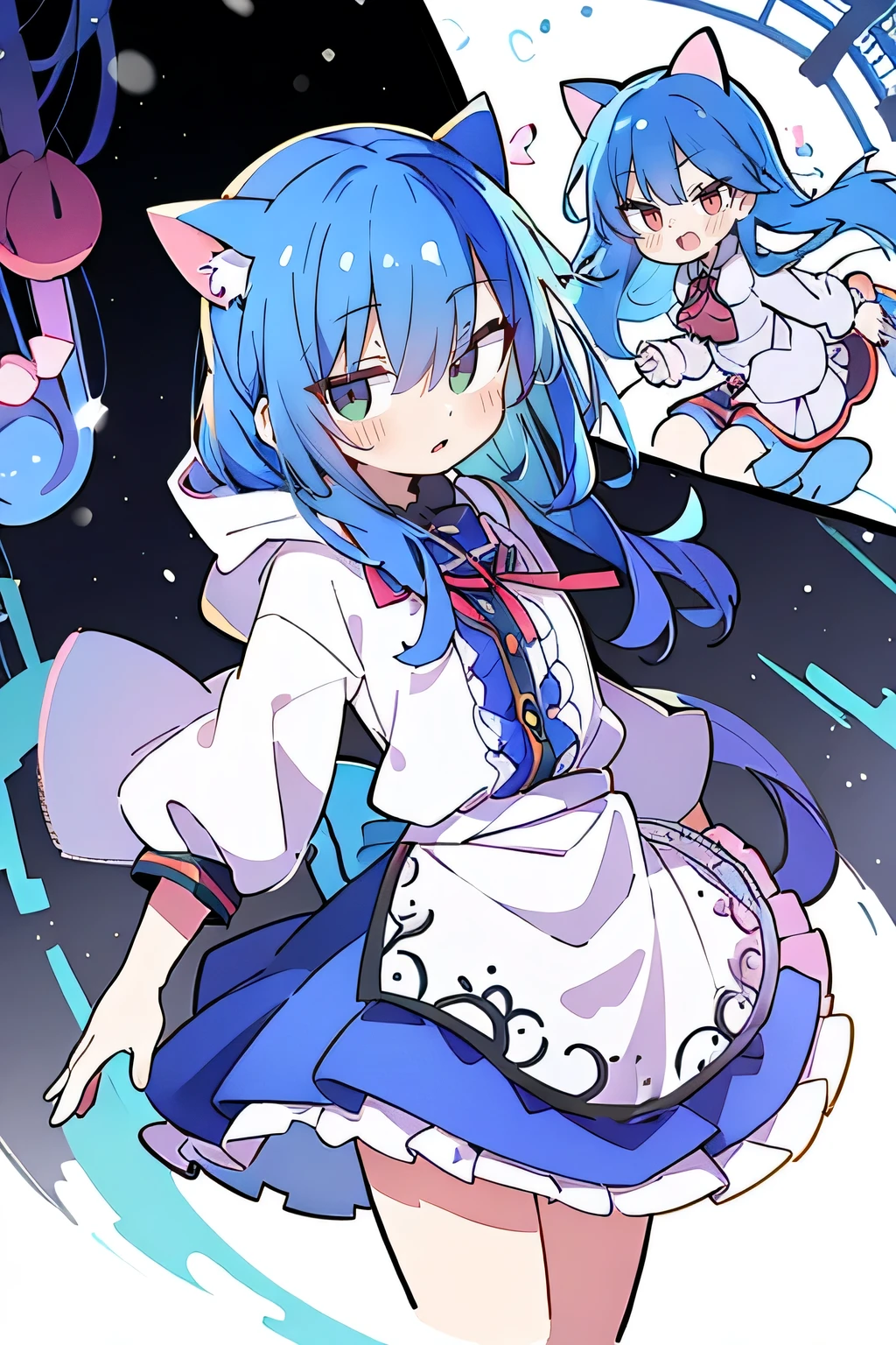 （masterpiece：1.2），Super detailed，lifelike，Expressive eyes，fair skin，perfect face shape，1 girl，
Japanese comics,Gorgeous blue hair,flowing blue hair,flowing clothes,Cat ears,Petals fall,beautiful lola,Baby Angel,
Shaking head with one hand，Cross your legs，Gentle and peaceful background，The pavilion is cool and comfortable,smile, wearing hoodie, background of tokyo,back views.snowing, winter.
