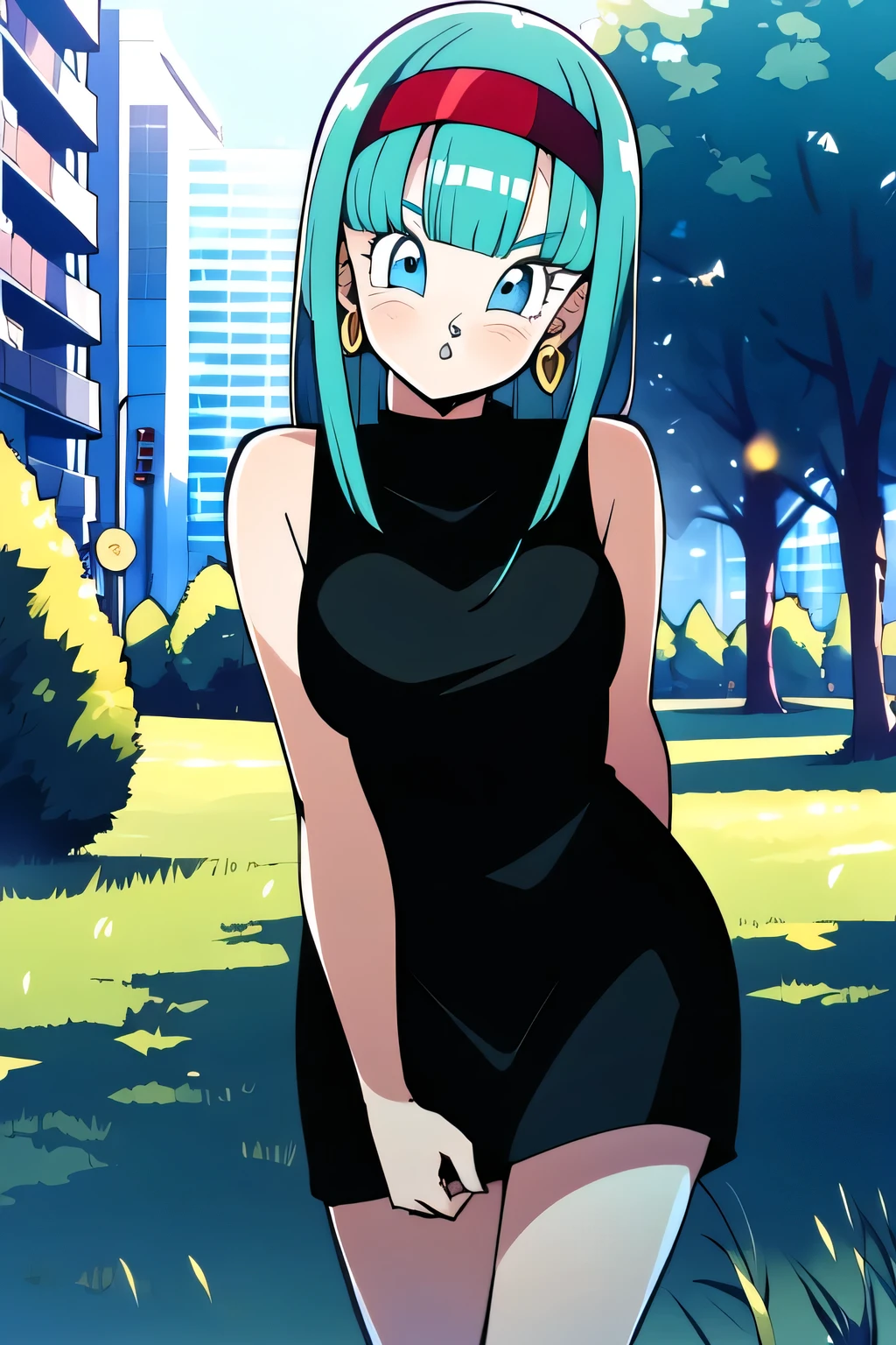 (masterpiece:1.2),( high quality:1.1),
bulla,pout, long hair, straight hair,bangs, aqua hair, blue eyes, mascara, red hairband, earrings, black bodycon dress, sleeveless, city park, trees, grass, sunshine, (looking at viewer, Bend forward:1.1),, medium breast,(beautifully lit:1.1),