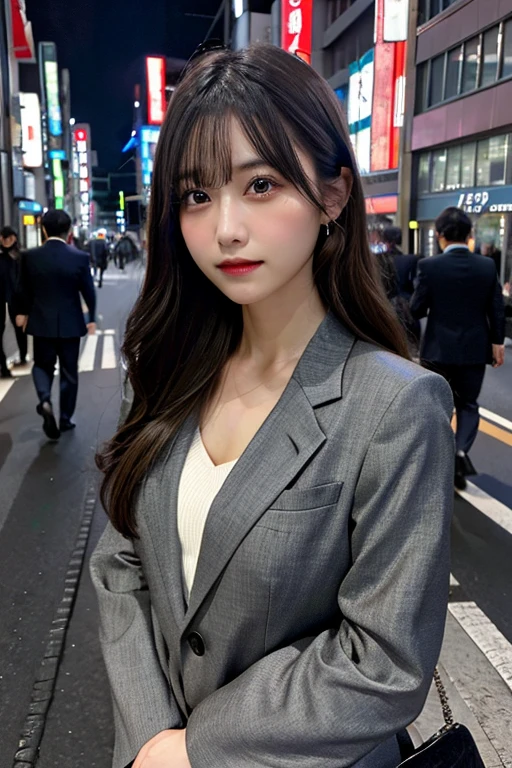 1 Girl, Tokyo Street,night, Streetscape,City lights, Upper Body,close, 8K, Raw photo, highest quality, masterpiece,Realistic, photo-Realistic,Gray business suit, Long sleeve, Double, Black Eyes