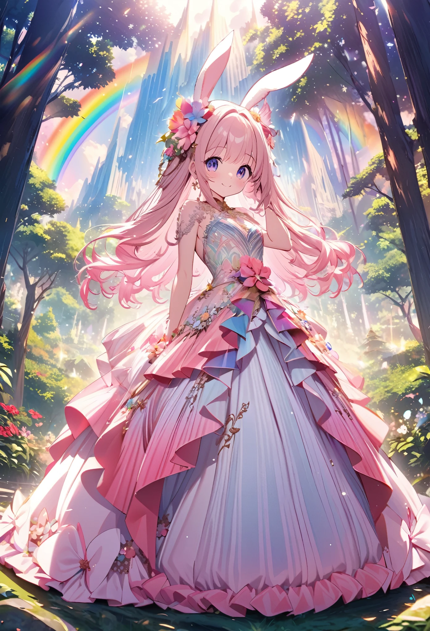 ``Japanese anime character, cute rabbit in pink color, beautiful adorable rabbit wearing an elegant and elaborate Hawaiian dress, the dress must have intricate designs and patterns to give it a luxurious and exclusive look. In the background, the image should depict the richness of the forest, with sunlight reflecting off the trees and illuminated mountains beyond. , emphasize the shimmering effect and rainbow throughout the image. Enhance your look and add special ruffles to your dress to stand out.”