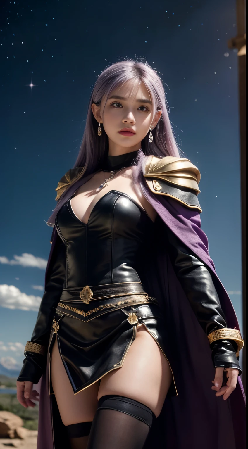 masterpiece,Higher quality,High Detail,Ultra-high resolution,8K resolution,Depth of Field,First-person perspective,The only person,woman,sheik,Thick eyebrows,expressionless,Purple hair big ,White hair,Hoop Earrings,bracelet,Earrings,Necklace,Iron thorns,Leather Skirt,Fur Cape,Combat boots,For the audience,dusk,partly cloudy,Meteor Showers,plateau,canyon,Movie Lighting,Volumetric Light,dusk law,bright sunshine rule