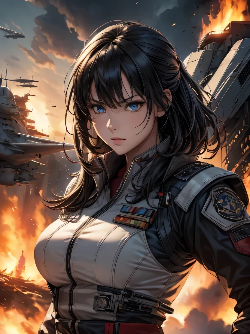 ((masterpiece、highest quality、Genuine、Very detailed、High resolution、Sharp focus、Photorealistic、Movie-like lighting))、Natural and realistic colors、((1 girl、Bust Shot))、Official Art、ＳＦmovie、Adult female, Age 25、blue eyes、Black bob short hair、Air Force uniform、Non-commissioned officer uniform、Combat air force jacket、Serious face、Sharp eyes、Realistic Face、The background is a battlefield、Burning Future Air Base、Spaceship in the sky、Dynamic Action、View your viewers、Detailed hand drawing