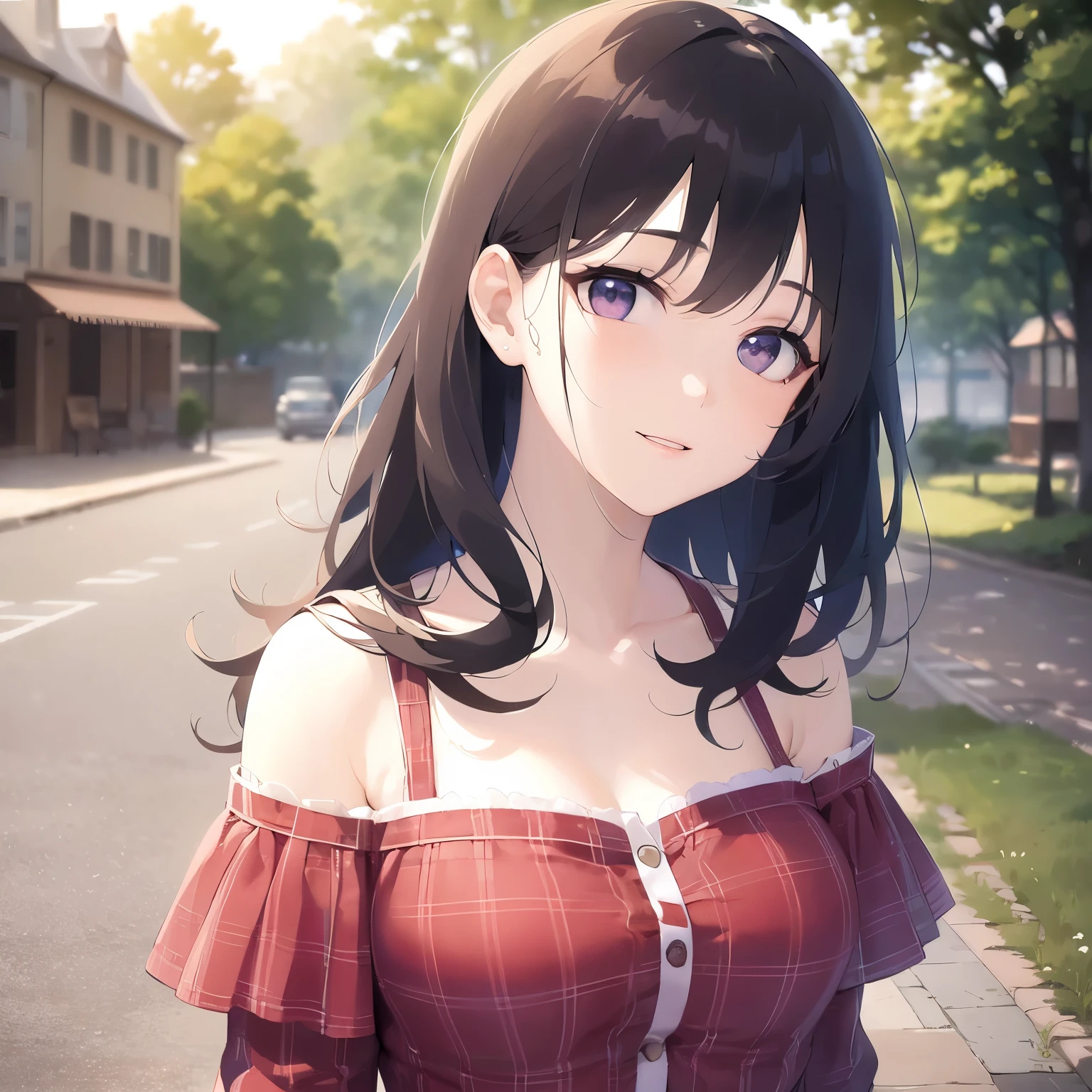 head tilt、Upper Body, Realistic, real person, (pale skin: 1.2), RAW photo, photorealistic, portrait photography, shiny skin, shiny hair、(A 25-year-old woman with wavy hair and bangs) and (medium hair) and (black hair) and (purple eyes) , (pink dress) and (Off the shoulder)、smile, The background is a park、wood、grass、Sidewalk、Alone、Are standing