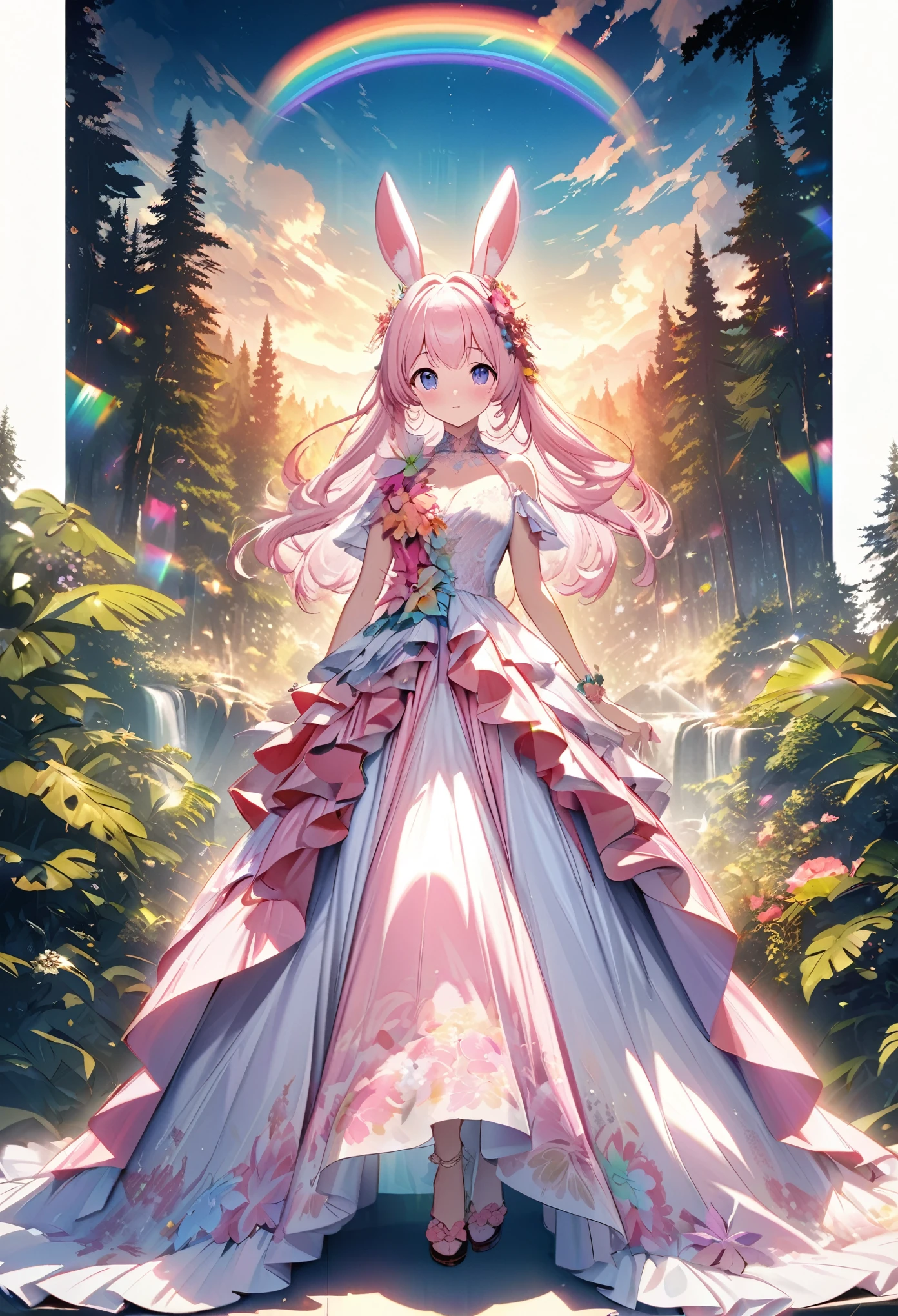``Japanese anime character, cute rabbit in pink color, beautiful adorable rabbit wearing an elegant and elaborate Hawaiian dress, the dress must have intricate designs and patterns to give it a luxurious and exclusive look. In the background, the image should depict the richness of the forest, with sunlight reflecting off the trees and illuminated mountains beyond. , emphasize the shimmering effect and rainbow throughout the image. Enhance your look and add special ruffles to your dress to stand out.”