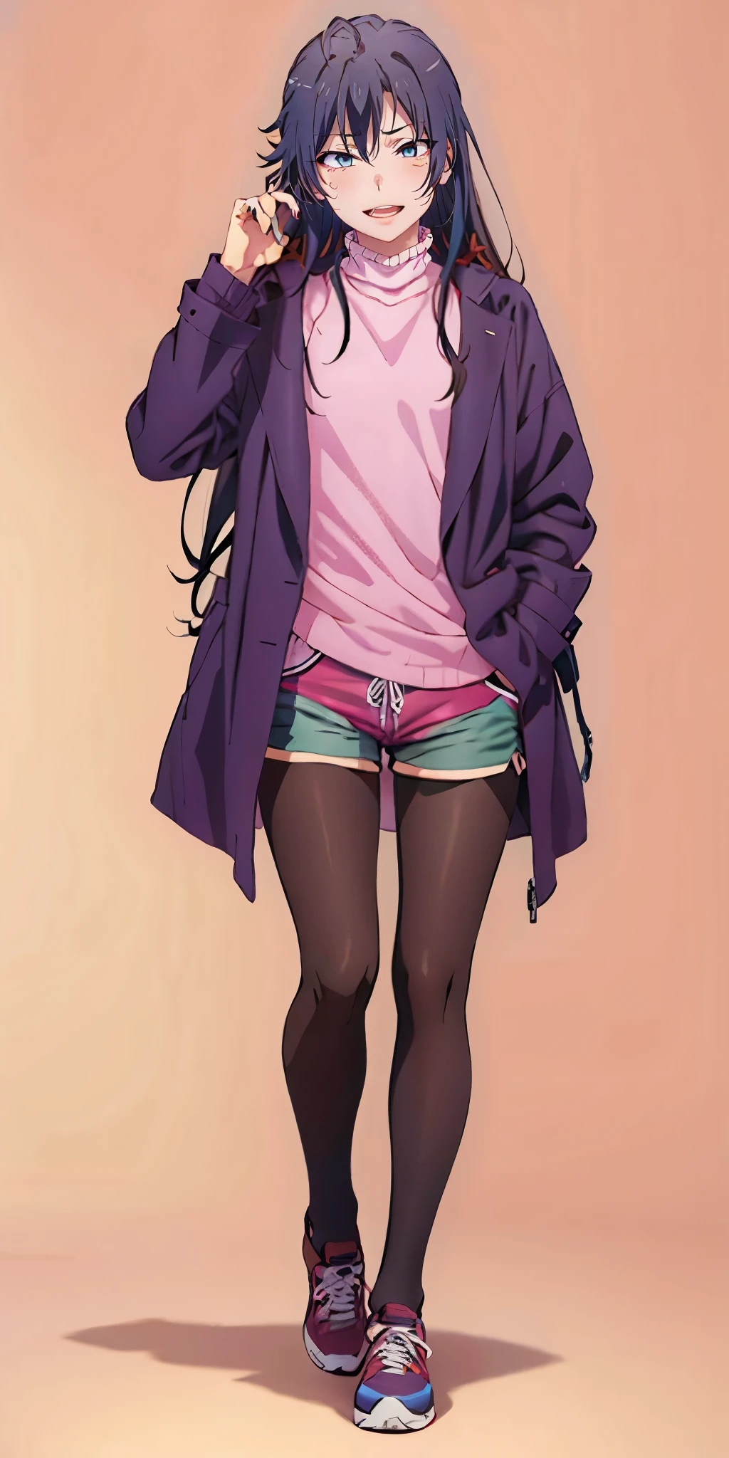 yukinoshita yukino, (anatomically correct:1.3), black hair, long hair, best quality, masterpiece, high quality, high details, highres, HD, (shaded face:1.2), hollow eyes, grey eyes, looking at viewer, heavy breathing, smirk, upper teeth, 1girl, solo, pantyhose, standing, coat, full_body, looking_at_viewer, black_legwear, smile, casual, shoes, turtleneck, simple_background, blush, bangs, jacket, (bootyshorts:1.4), sneakers, nail polish, black nail,