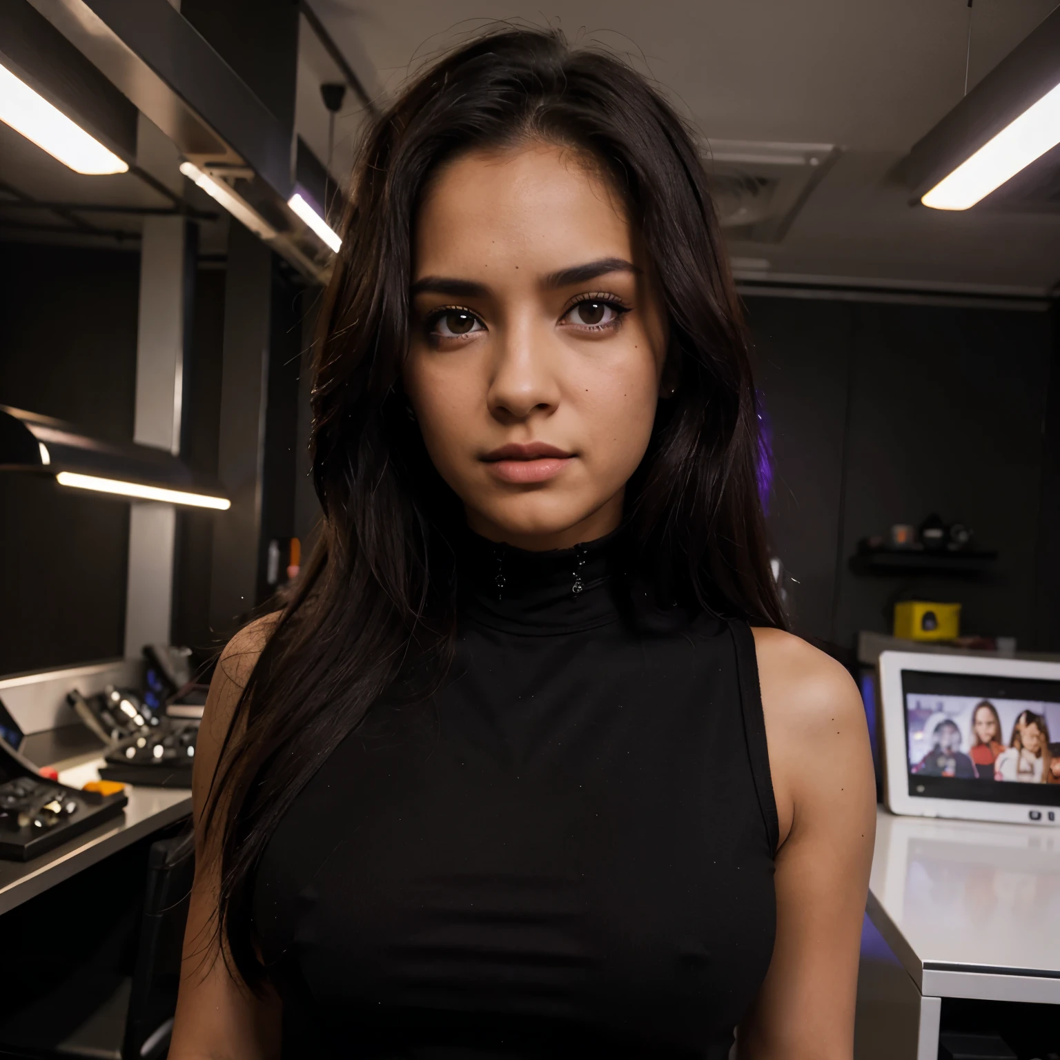chica, terminator, t-x, pelo purpura, ojos purpuras, ropa de cuero negro