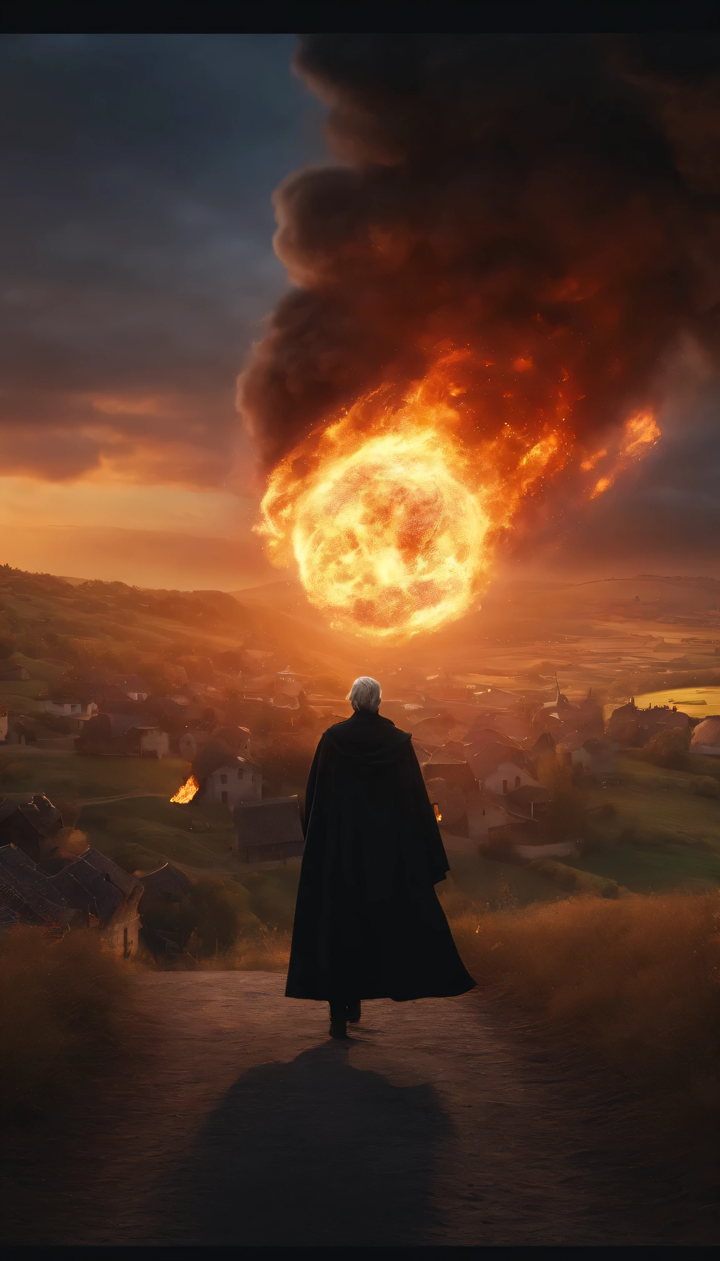 8k, closer distance portrait, a male wizard with black clothes and grey short hair from behind, throwing a super massive huge fireball to a village in the distance from hill, with a burning village background the distance