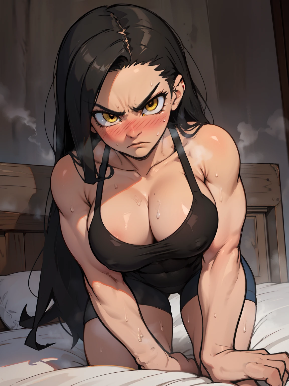 1girl bodybuilder huge breasts black hair yellow eyes solo sweaty very long hair pale skin laying in bed blushing dark atmosphere angry embarrassed steam foggy