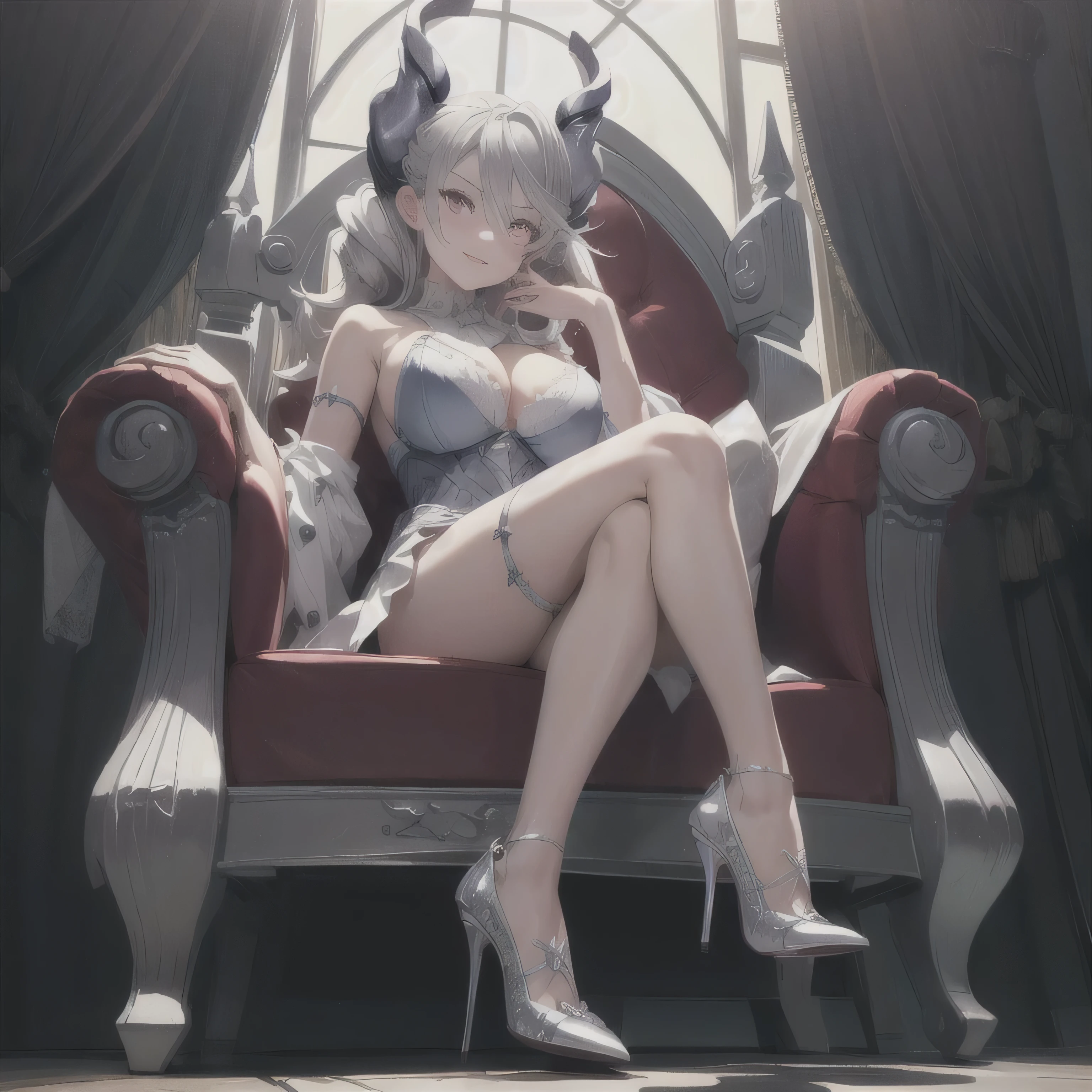 ((masterpiece)),(best quality), ((extremely detailed CG unity 4k wallpaper)),(cinematic lighting), (an extremely delicate and beautiful girl:1.3),face, fixed eye, 1 girl, labrynth, , long hair,large breast,silver hair , pink eyes, horn, hand on armchair, leg fixed , black underwear, high heels, expensive high heel ,sitting on throne, from below, sinister, legs crossed in detailed, silver high heel