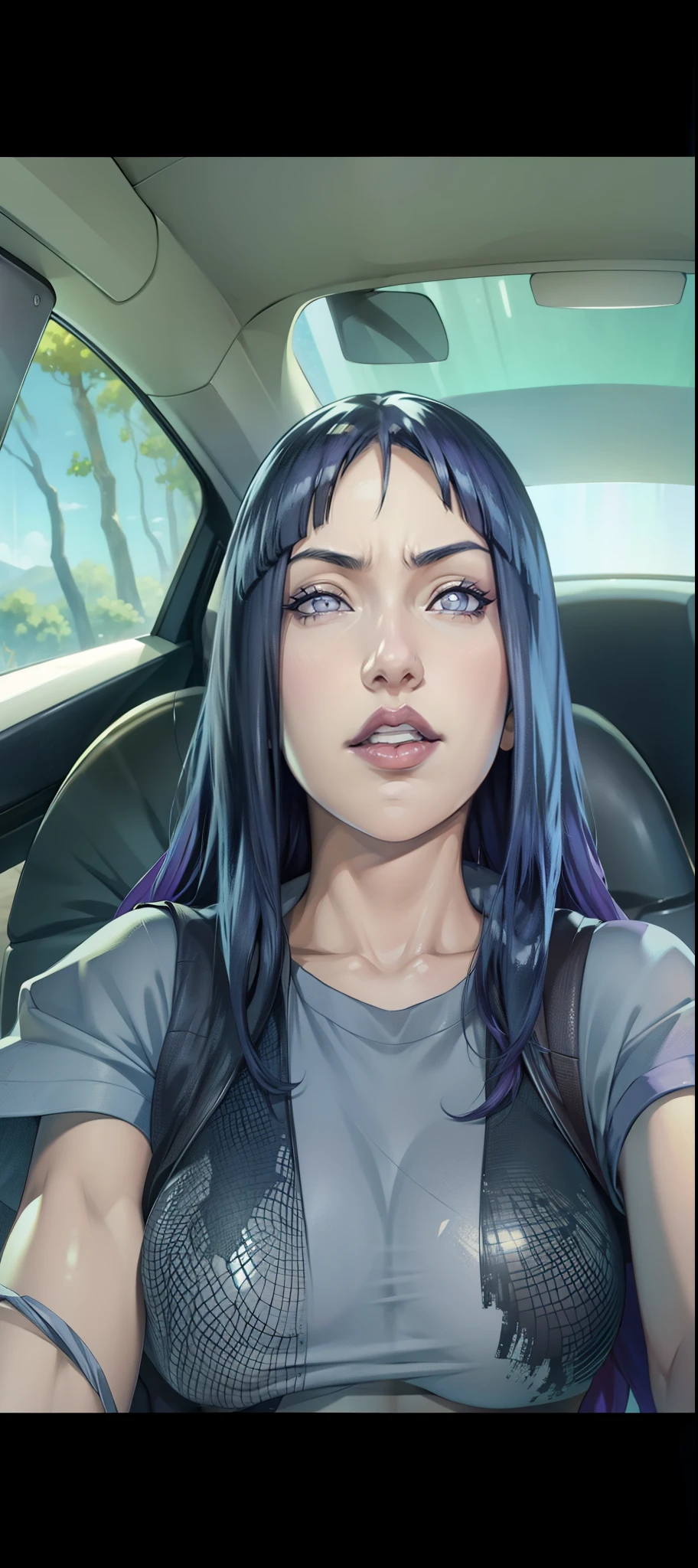 Hinata Hyuga, extremamente realista, muito linda, em um carro, cabelo liso