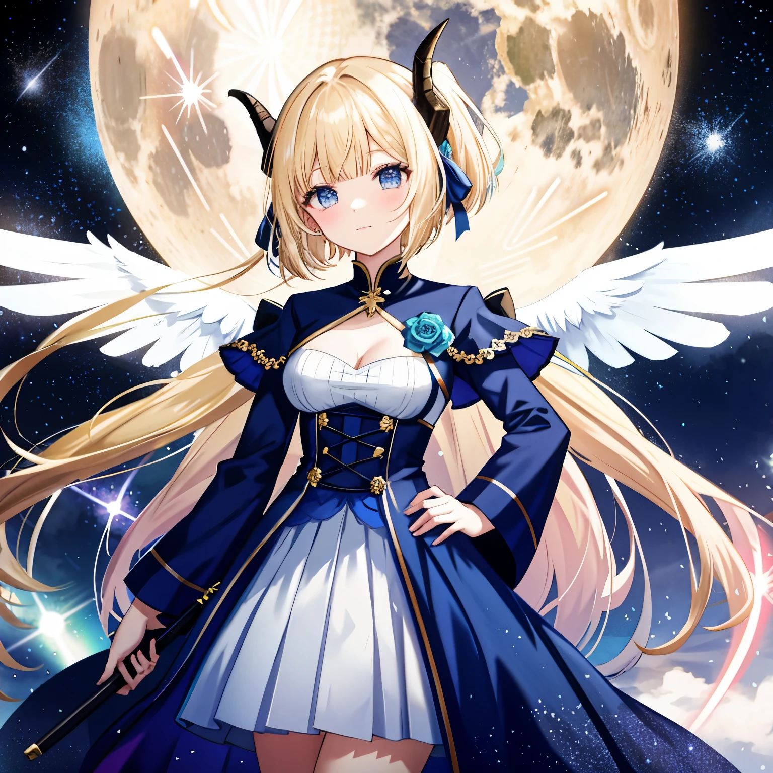 1. **Theme**: An anime girl with blonde hair and blue eyes standing in a field of flowers under a starry sky. She is wearing a blue and white outfit, which includes a deep V-neck dark blue dress and a transparent lilac outer skirt. She has a dark blue ribbon with a pink diamond in the center. She is posing confidently with her left hand on her hip and her right hand behind her head. BRAKE
2. **Number of Characters**: One BRAKE
3. **Worldview**: A fusion of anime and manga, creating a boundary between fantasy and reality that allows for diverse expressions. BRAKE
4. **Body Type and Skin Color**: Slim and healthy body type, fair skin color. BRAKE
5. **Kemomimi and Tail (Horns and Tail)**: None BRAKE
6. **Outfit and Outfit Color**: Deep V-neck dark blue dress and a transparent lilac outer skirt. The outfit symbolizes her personality and the world she belongs to, enhancing her visual appeal. BRAKE
7. **Hairstyle and Hair Color**: Mainly long hair, with elements of ponytail, twintail, and bob cut incorporated into the hairstyle. The main hair color is gold, with a little bit of blue and green added as a gradient. BRAKE
8. **Presence and Details of Wings**: None BRAKE
9. **Presence and Details of Cigarette**: None BRAKE
10. **Props** (From weapons to everyday items): None BRAKE
11. **Emotions and Movements**: She has a confident expression and is posing with her left hand on her hip and her right hand behind her head. The pose reflects her confidence and self-expression. BRAKE
12. **Supplement (Others)**: She has a dark blue ribbon with a pink diamond in the center. BRAKE
13. **Perspective**: The vast field that spreads out over the distant mountains and the starry sky filled with constellations and shooting stars. BRAKE
14. **Composition**: She is positioned in the center of the image. BRAKE
15. **Background and Details of Background Color**: Her background features a sky full of stars and a white full moon. The vast field that spreads out over the distant mountains and