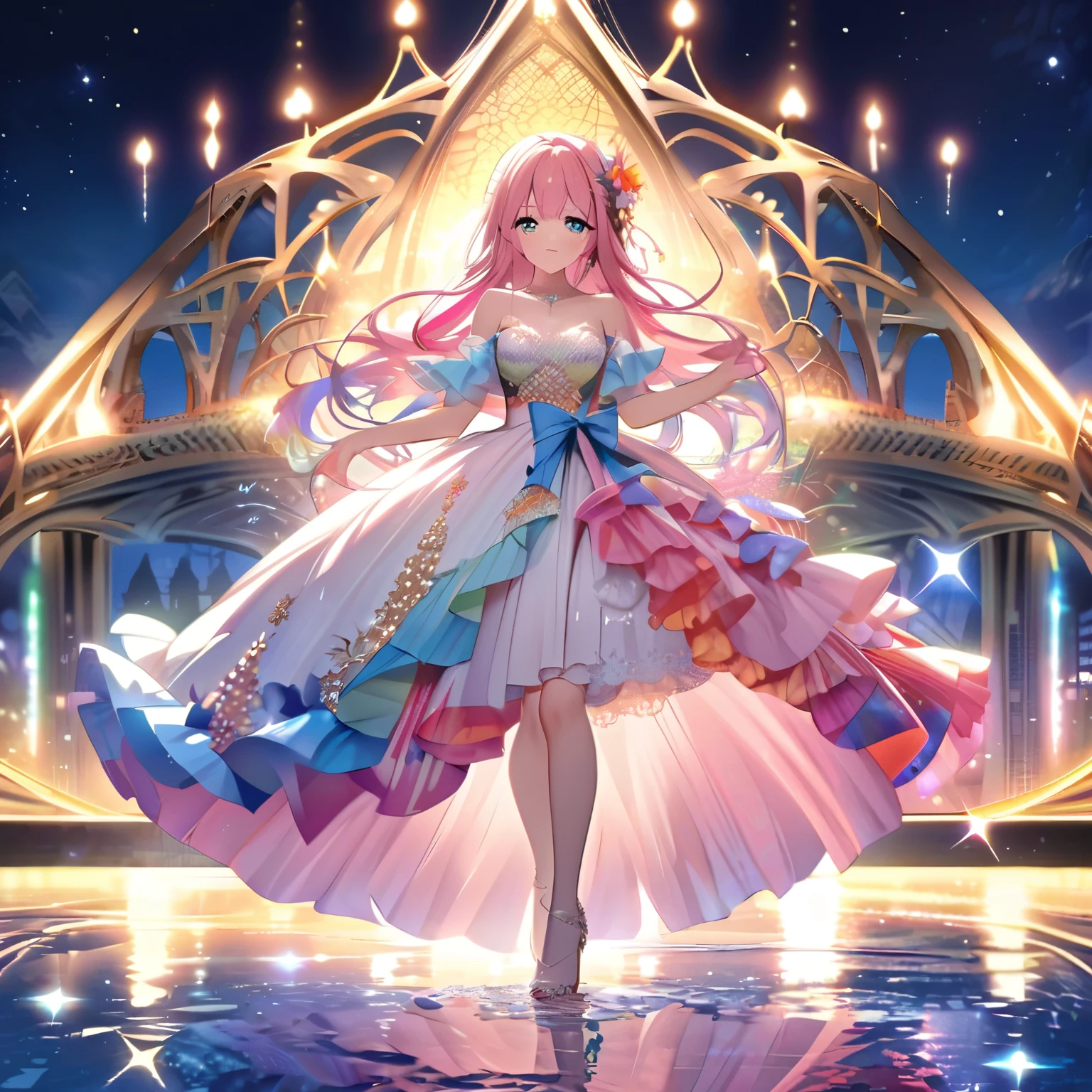 ``She has long pink hair and beautiful eyes.、Beautiful woman in an elegant and elaborate Hawaiian dress.For the dress、It needs intricate designs and patterns to give it a luxurious and classy look.。.In the background , The image is、The light reflected on the water surface、Beyond that is an illuminated bridge、It must depict a romantic Hawaiian beach at night.。, Enhance the sparkle effect and rainbow throughout the image. Enhance your looks、Add some special frills to your dress to make it stand out.”