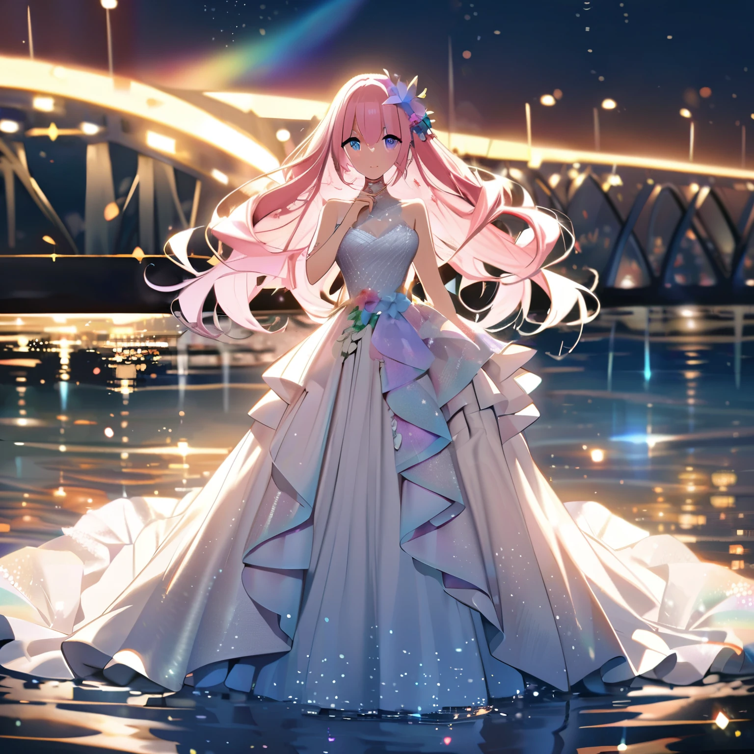 ``She has long pink hair and beautiful eyes.、Beautiful woman in an elegant and elaborate Hawaiian dress.For the dress、It needs intricate designs and patterns to give it a luxurious and classy look.。.In the background , The image is、The light reflected on the water surface、Beyond that is an illuminated bridge、It must depict a romantic Hawaiian beach at night.。, Enhance the sparkle effect and rainbow throughout the image. Enhance your looks、Add some special frills to your dress to make it stand out.”