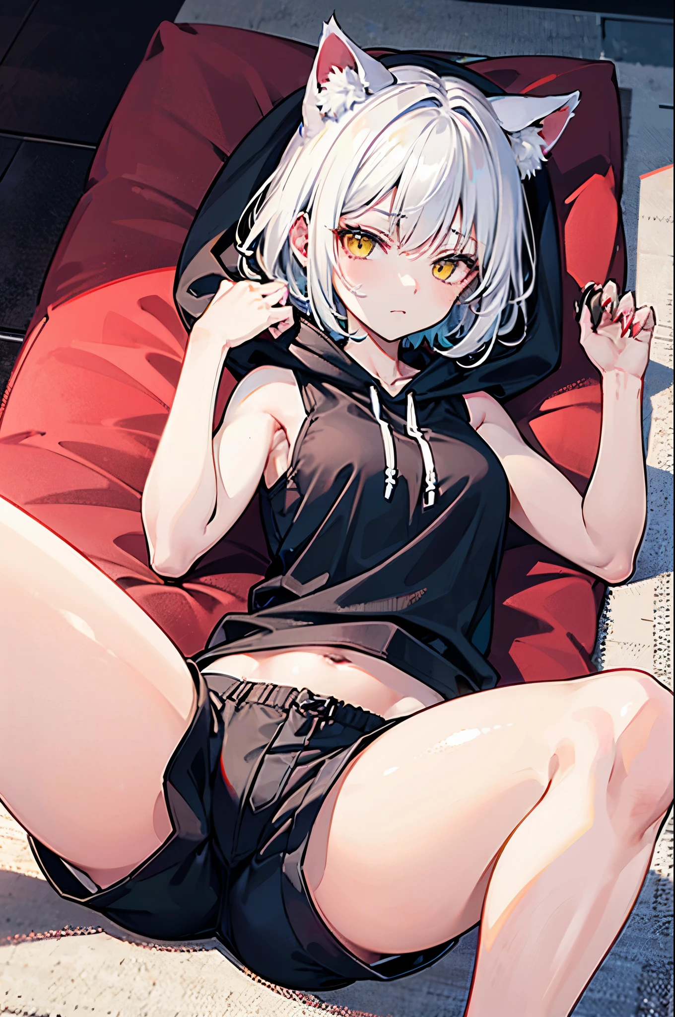 Young woman of athletic physique, with white hair, white cat ears, white cat tail, long, sharp claws and intense yellow eyes. She has a sleepy expression, lying on a rug face up. She is wearing a black very short shorts, with 3 small pockets on each of the right and left sides of the shorts, and is wearing a black sleeveless blouse with a hood.