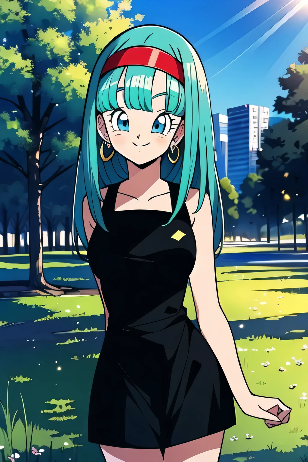 (masterpiece:1.2),( high quality:1.1), bulla, smile, long hair, straight hair,bangs, aqua hair, blue eyes, mascara, red hairband, earrings, black bodycon dress, sleeveless, city park, trees, grass, sunshine, (looking at viewer, Bend forward:1.1),, medium breast,(beautifully lit:1.1),