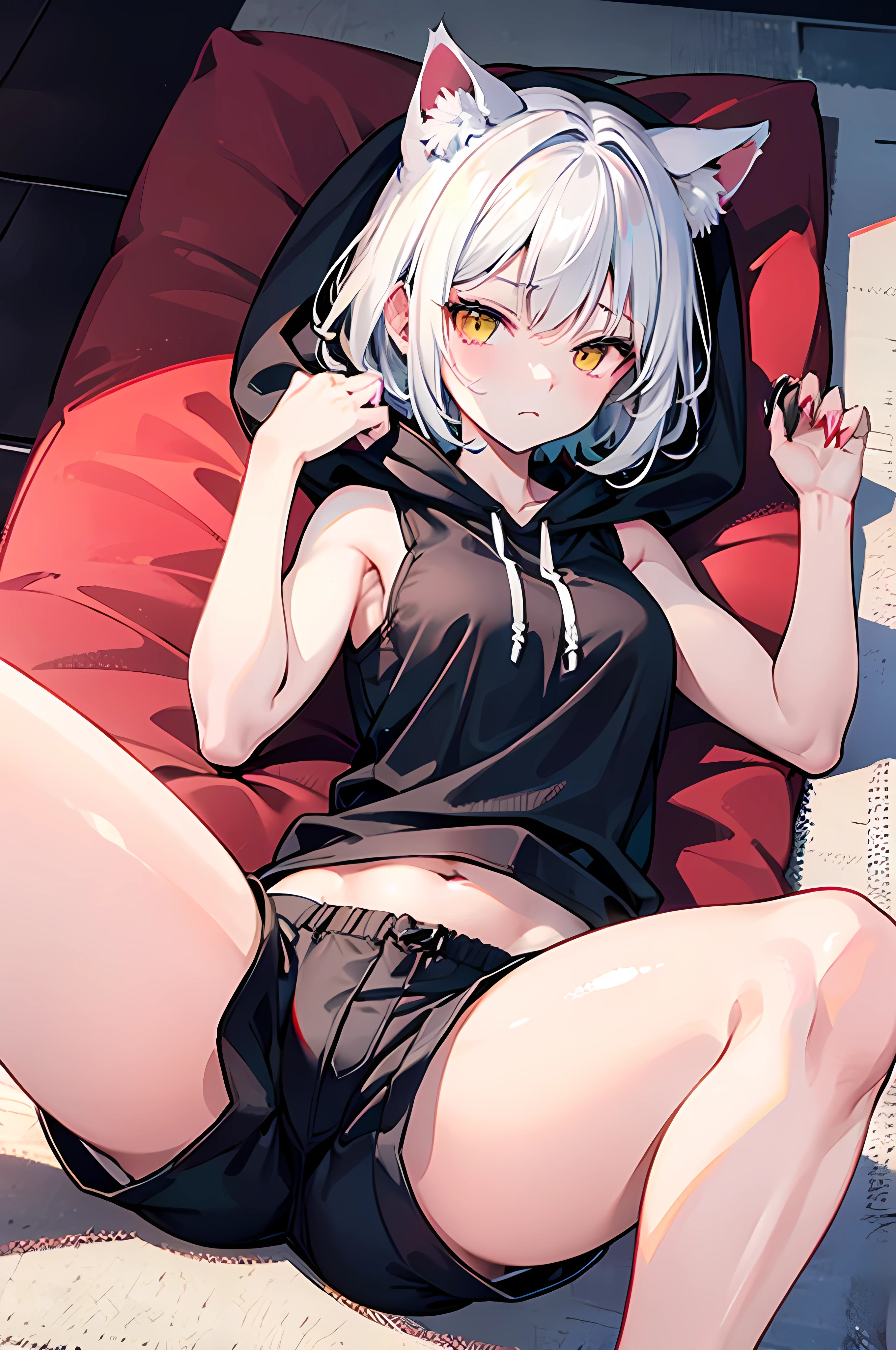 Young woman of athletic physique, with white hair, white cat ears, white cat tail, long, sharp claws and intense yellow eyes. She has a sleepy expression, lying on a rug face up. She is wearing a black very short shorts, with 3 small pockets on each of the right and left sides of the shorts, and is wearing a black sleeveless blouse with a hood.