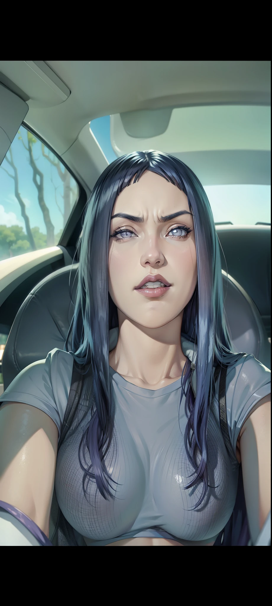 Hinata Hyuga, extremamente realista, muito linda, em um carro, cabelo liso