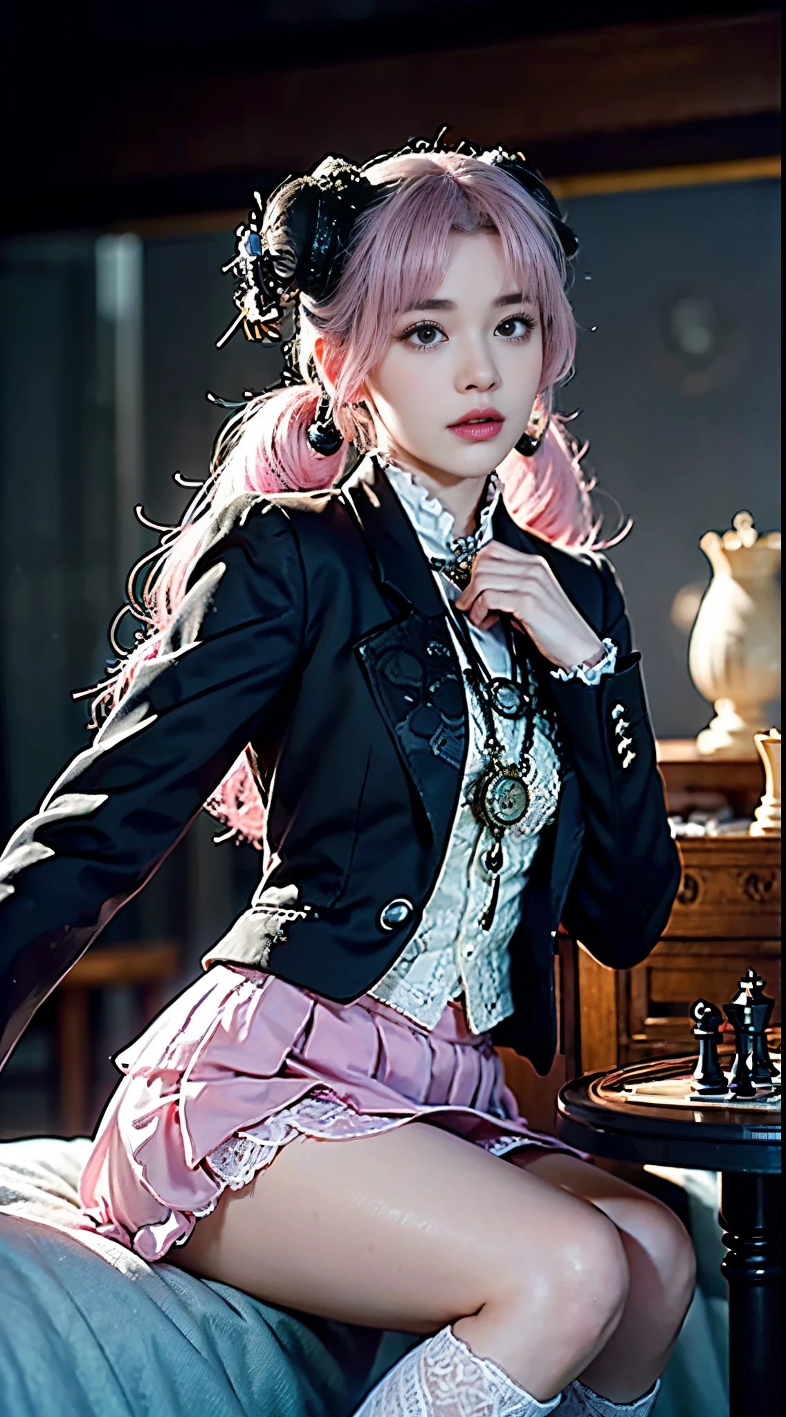 One woman, 14 years old, (((pastel tuxedo suit with lace, frills and chiffon))), (((flared mini skirt))), (((pink hair))), (((thick bangs))), (((princess cut))), (((twin-tail, twin drill))), (((black lace knee-high socks))), (((pocket watch, afternoon tea, chess))), very deep depth of field, dramatic and very dark cinematic lighting, round face, very large jewel-like dark grey eyes, long eyelashes, thin nose, small mouth, very thin lips, no makeup, clear skin without blemishes, slender body, (((very realistic photos))), (((16K, high resolution))), (((UHD))), (((top quality))), (((masterpiece))), (((super detail))), (((anatomically correct))).