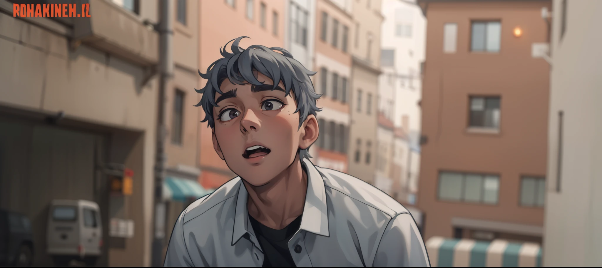 cute 18 year old man gray hair gray eyes he is tired of running he looks up he sees someone