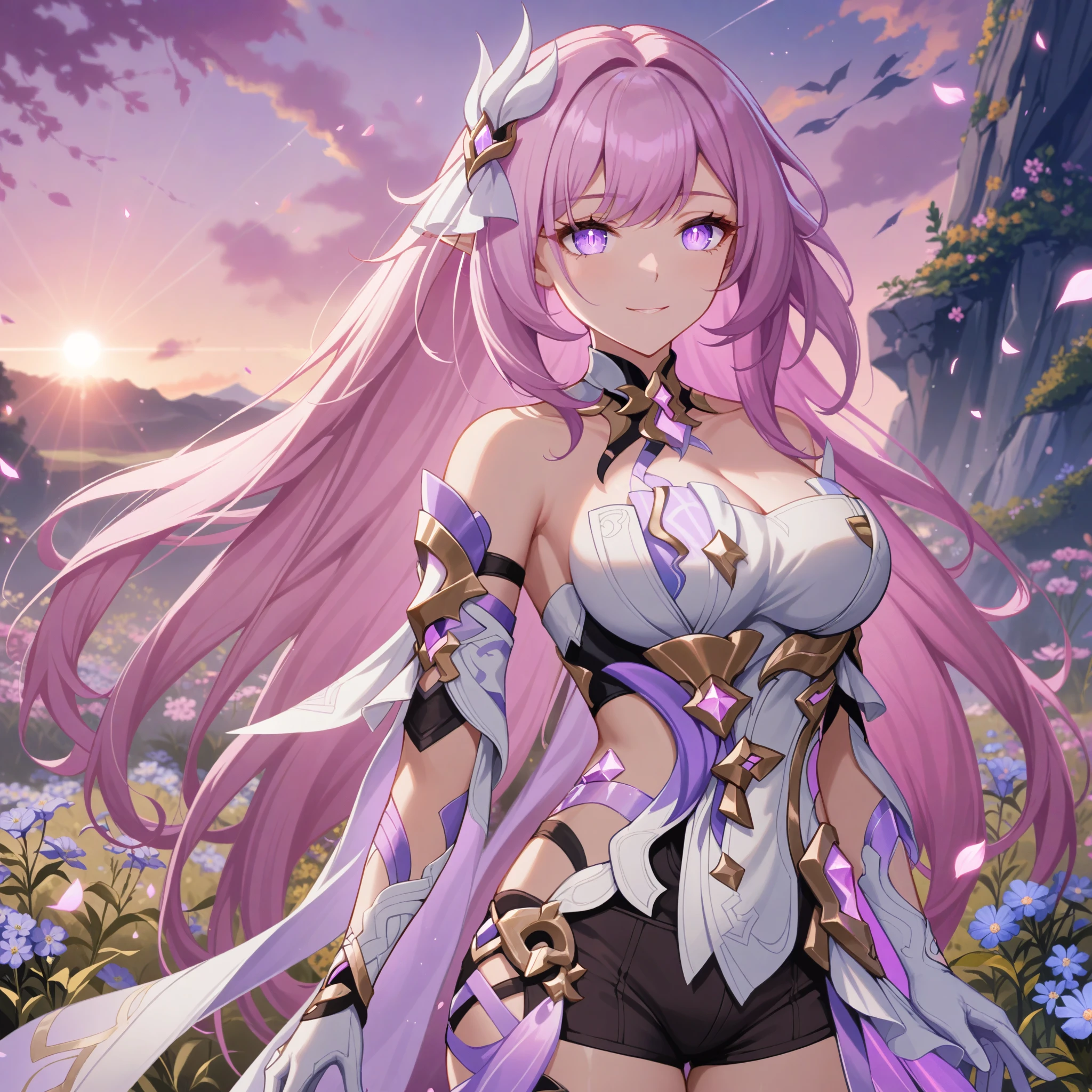 Masterpiece,very aesthetic,1girl,elysia \(herrscher of human:ego\) \(honkai impact\),pink hair,purple eyes,pointed ears,white clothes,highly detailed,digital painting,elysian realm,illustrated by Ayami Kojima and Karol Bak and criin,glowing pink petals,anime fantasy background,intricate,white top,white gloves,narrow_waist,iridescent light, large breasts, black short shorts,official honkai imapct 3 cg,pink sky,field of wildflowers,pink slit pupils,gentle smile,god rays