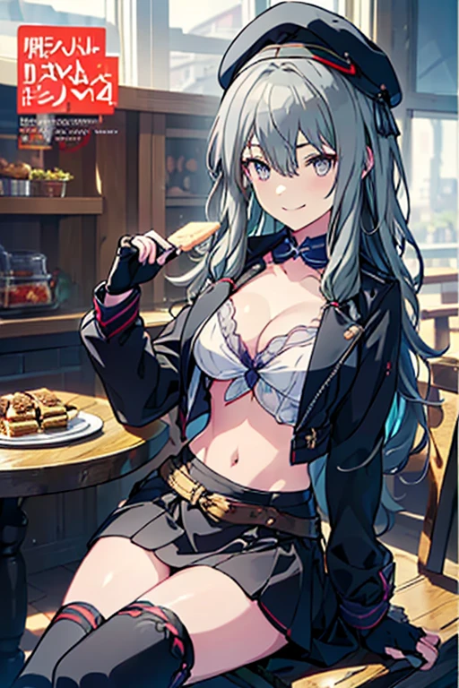 (from below:1.2),(from side:0.9), ((beautiful Face)), (Close-Up:0.6), ((looking at viewer, holding a icecream)),(Italian sweets magazine cover:1.4), highest quality、(real、photorealistic:1.5),(ultra high resolution,dark bgreen hair,long hair, between eyes,bangs, (black beret, black jacket, half open clothes, cleavage:1.4, midriff, black perfect medium skirt, black thighhighs, thigh strap, fingerless gloves, single glove:1.2), (double breasted,under bust:1.2), sitting at a table, cute, visual of a cute girl, cute girl, eating cakes, young girl, guweiz, high quality anime artstyle, anime girl, artwork in the style of guweiz, beautiful girl, pretty girl, official artwork,(with sparkling eyes and a contagious smile),her thin pubic hair, looking at viewer, pose muy sexy"