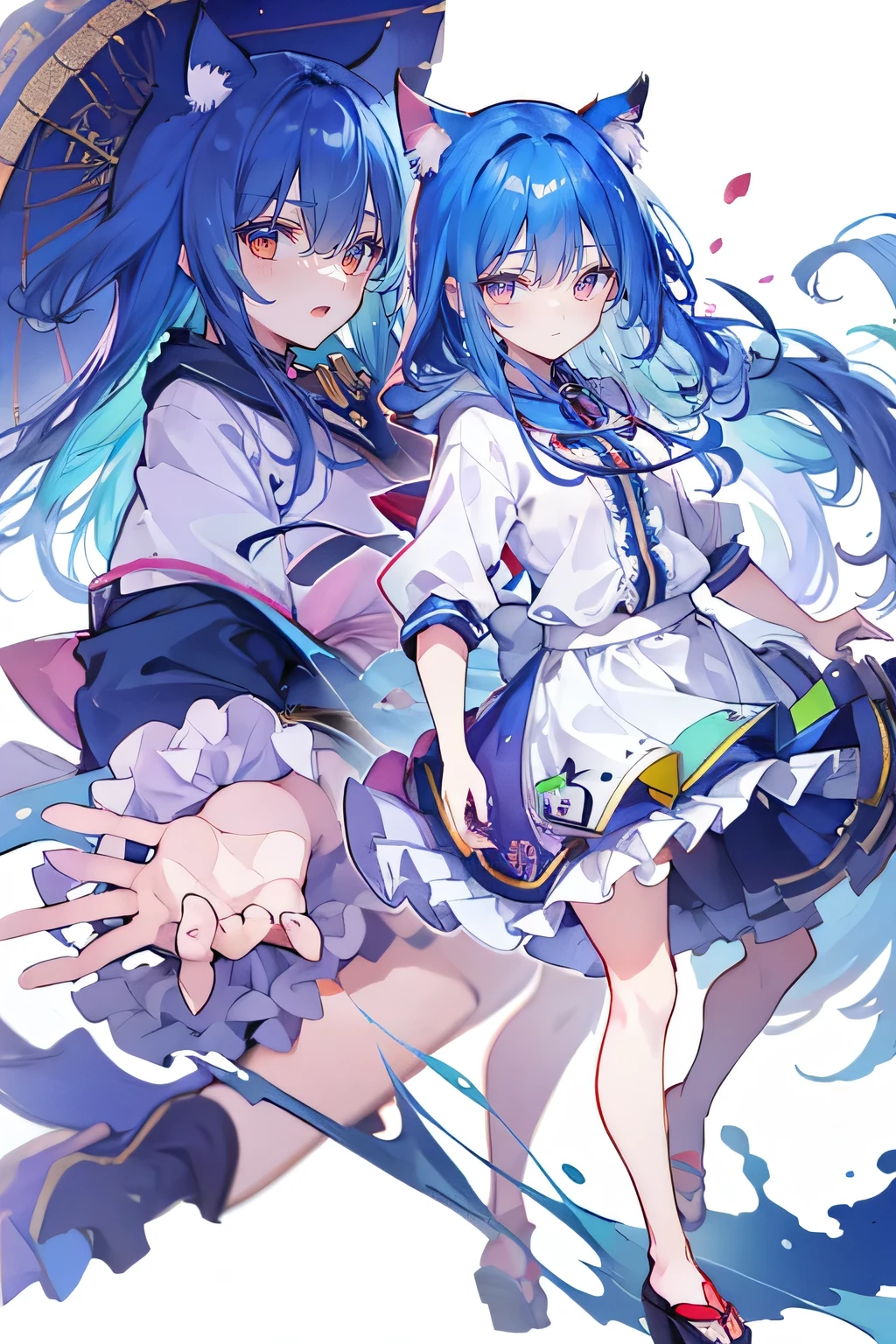 （masterpiece：1.2），Super detailed，lifelike，Expressive eyes，fair skin，perfect face shape，1 girl，
Japanese comics,Gorgeous blue hair,flowing blue hair,flowing clothes,Cat ears,Petals fall,beautiful lola,Baby Angel,
Shaking head with one hand，Cross your legs，Gentle and peaceful background，The pavilion is cool and comfortable,smile, wearing hoodie, background of tokyo,back views.snowing, winter.