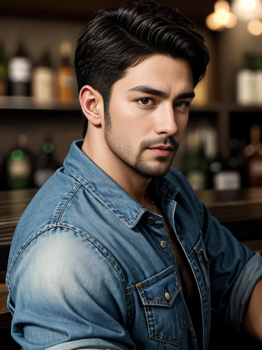 masterpiece, best quality, high resolution, Close-up portrait, male focus, Focus only, muscular, Burly, hairy, male, A handsome man, Perfect face, Blushing, scruffy beard, short hair, Exposed chest, jeans, at the bar, Neon, Front view, whole body, amazing composition, Front view, HDR, Volumetric Lighting, Ultra-high quality, elegant, Very detailed