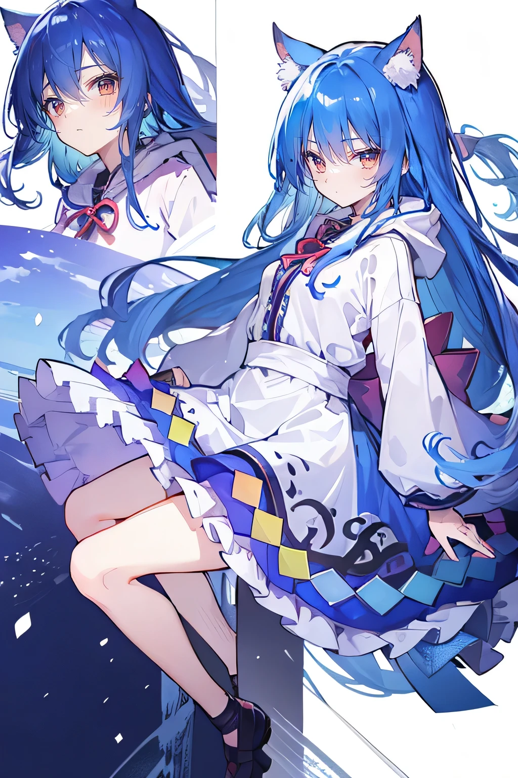 （masterpiece：1.2），Super detailed，lifelike，Expressive eyes，fair skin，perfect face shape，1 girl，
Japanese comics,Gorgeous blue hair,flowing blue hair,flowing clothes,Cat ears,Petals fall,beautiful lola,Baby Angel,
Shaking head with one hand，Cross your legs，Gentle and peaceful background，The pavilion is cool and comfortable,smile, wearing hoodie, background of tokyo,back views.snowing, winter.