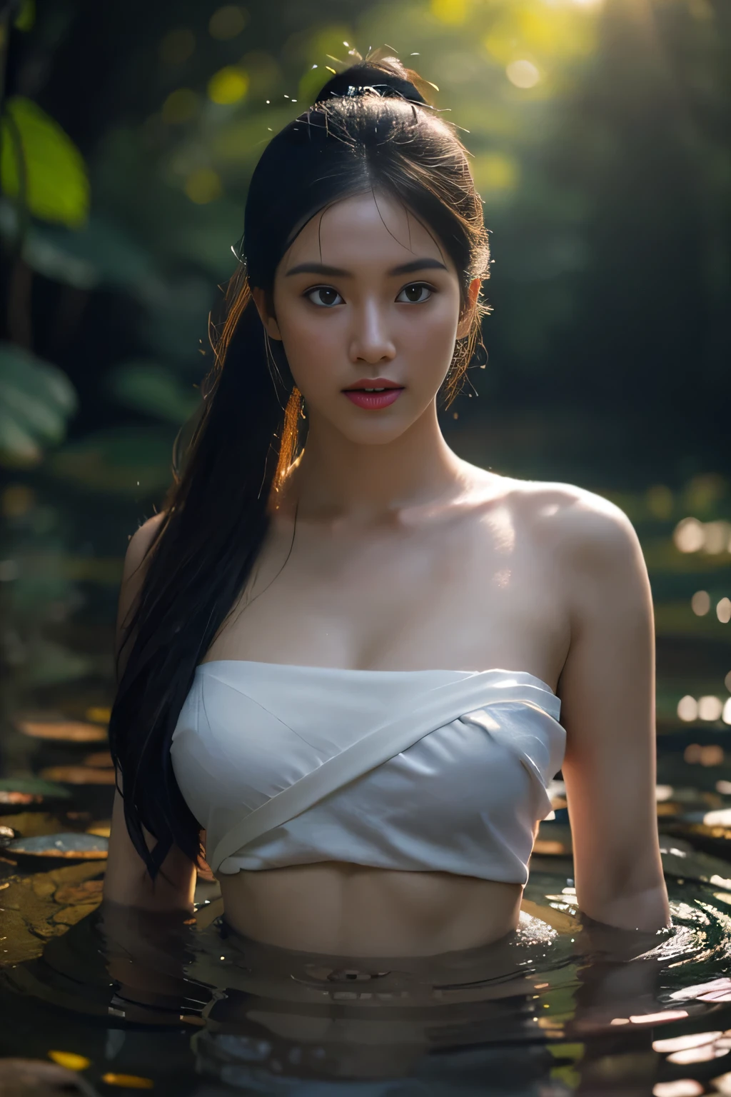 beautiful girl ,Thai female warrior, Bathing in a pond in the forest,wet,dynamic poses, white strapless shirt, long ponytail,black eyes,abdominal muscles,plump body, rounded chest, (big breast:1.3), rift, morning sun,staring at the audience,rain,((face details)),Double eyelids, finished, (Backlight), realistic, Masterpiece, Highest quality, lens flare, shade, in full bloom, [[Chromatic aberration]], By Jeremy Lipking, By Antonio J.. Manzanedo, digital painting, HDR, high contrast
