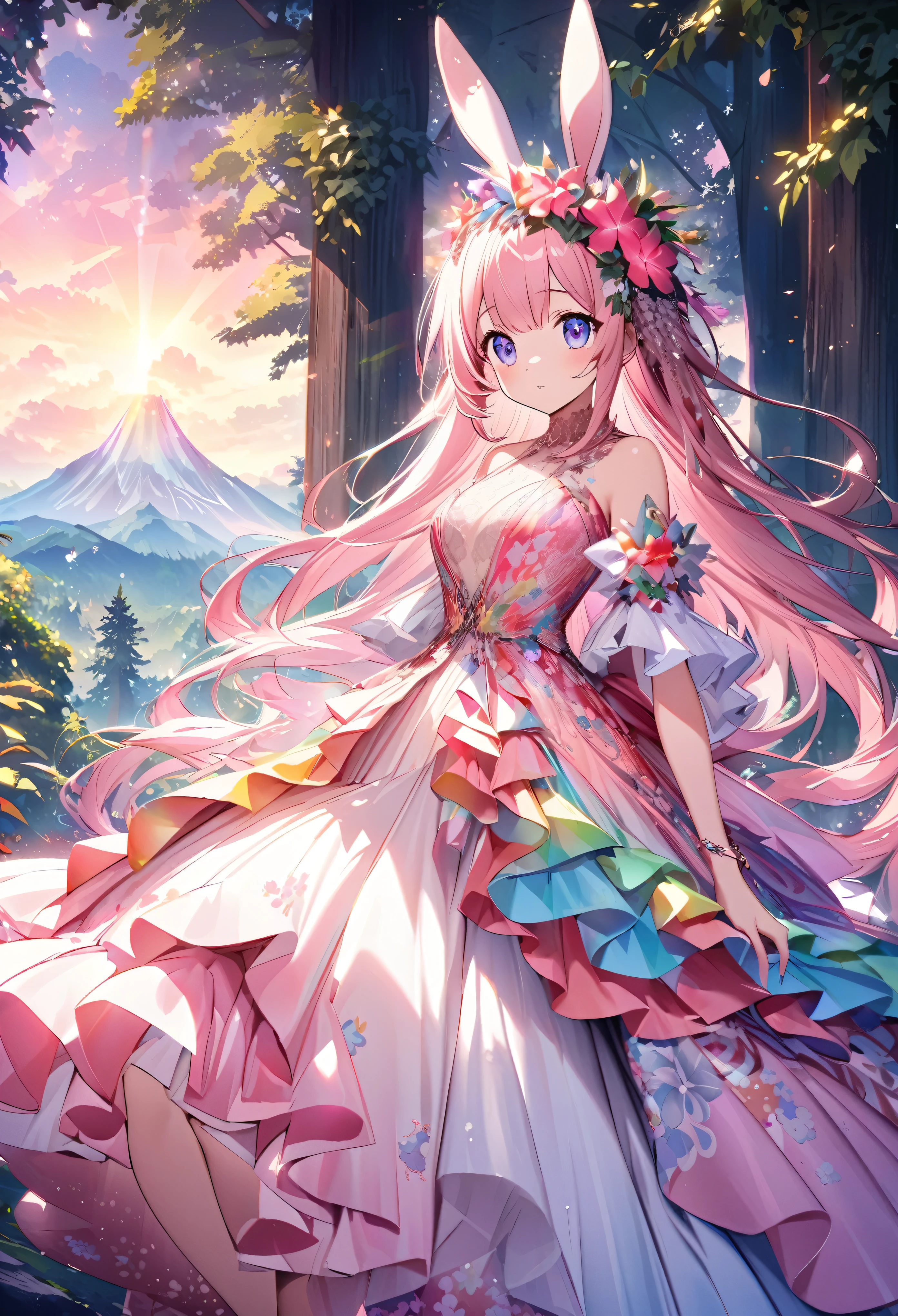 ``Japanese anime character, cute rabbit in pink color, beautiful adorable rabbit wearing an elegant and elaborate Hawaiian dress, the dress must have intricate designs and patterns to give it a luxurious and exclusive look. In the background, the image should depict the richness of the forest, with sunlight reflecting off the trees and illuminated mountains beyond. , emphasize the shimmering effect and rainbow throughout the image. Enhance your look and add special ruffles to your dress to stand out.”