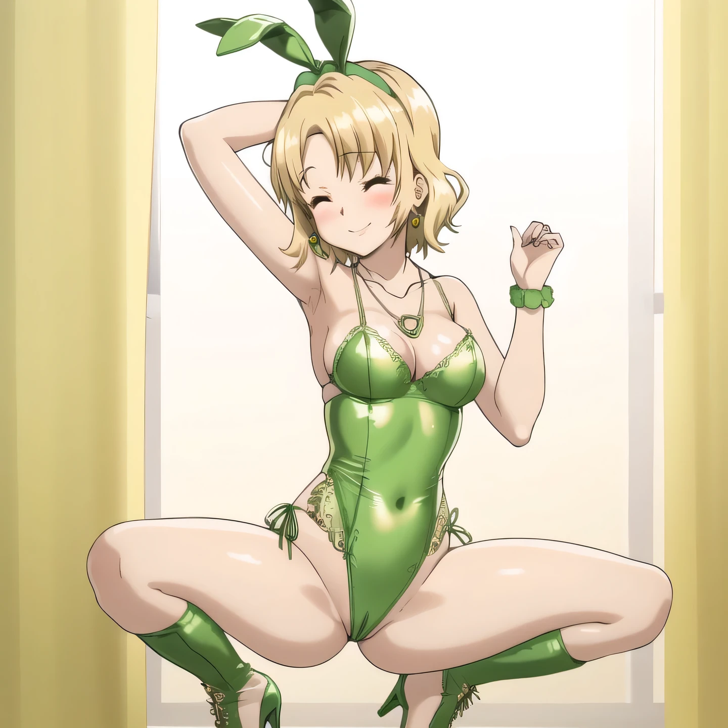 Green bunny suit costume circle big hoops earrings Gold tiny heart necklace short hair headband y high heels shoes hot booarty btango salsa Sexy panty ce yous smile happy sex bend your knees s both hand on your back Head down Dancing sex lingerie stockings stripper Fingering hand on the pussnderwear eighty eight os dancer