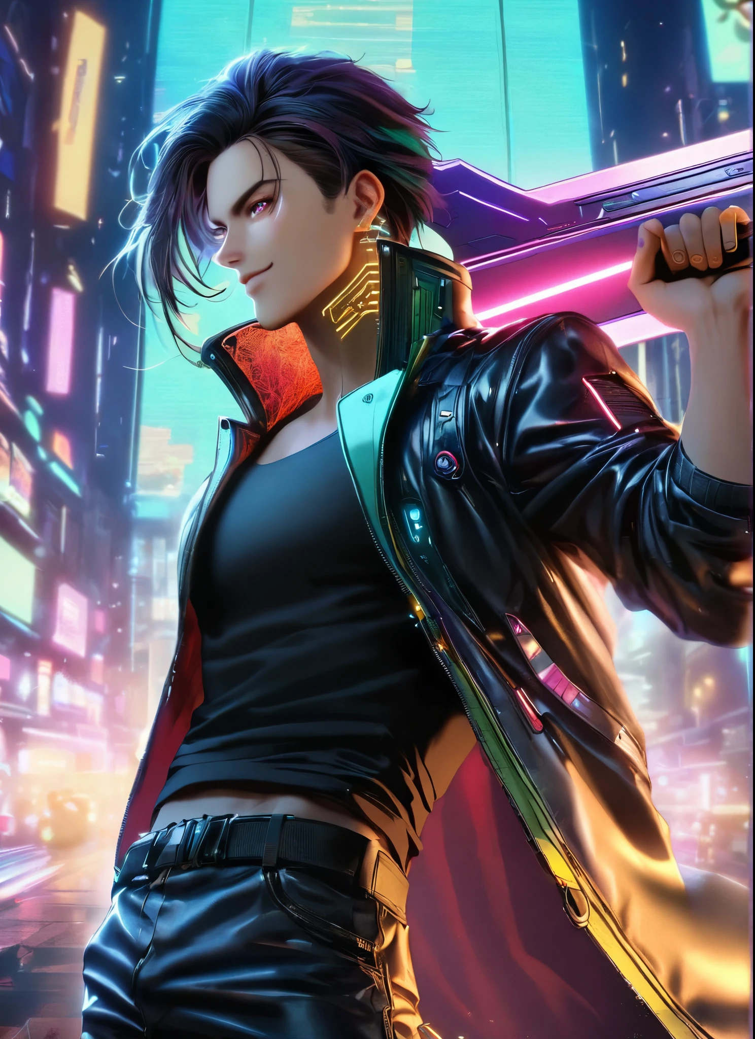 A man, holding down a giant Sword, wearing a leather white jacket black t shirt, stand and confident pose, confidente smile, cyberpunk, night,