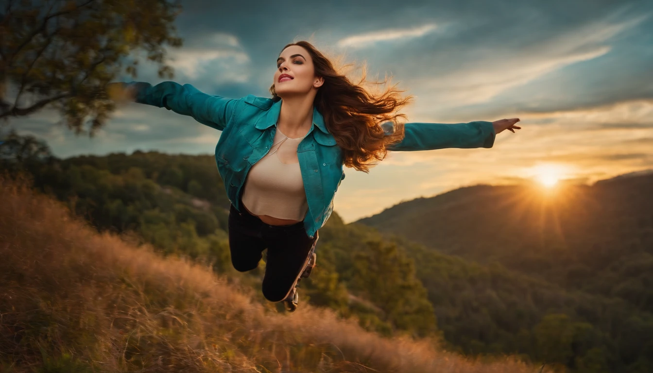 Elizabeth Gillies flying happily and gracefully in the sky