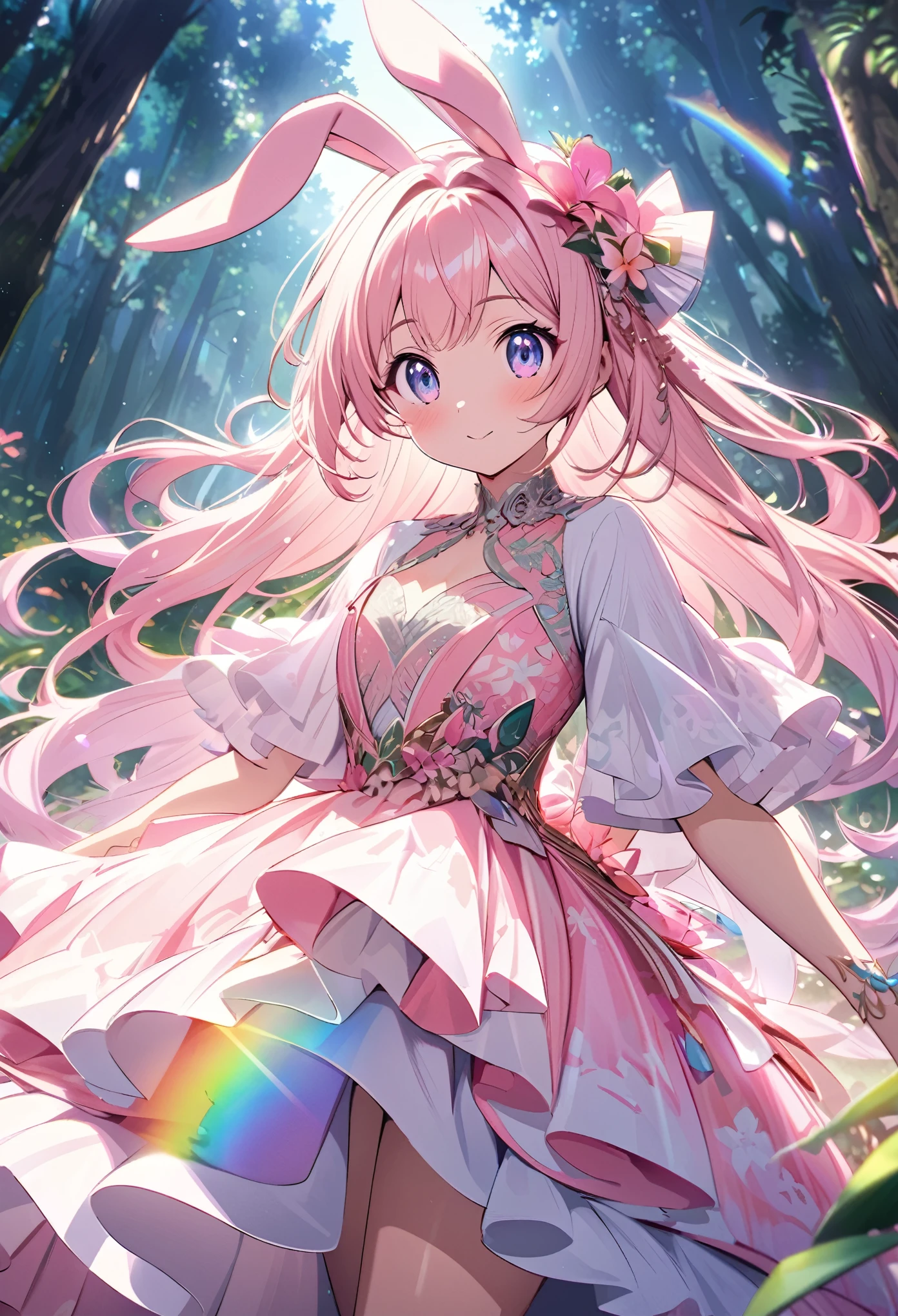 ``Japanese anime character, cute rabbit in pink color, beautiful adorable rabbit wearing an elegant and elaborate Hawaiian dress, the dress must have intricate designs and patterns to give it a luxurious and exclusive look. In the background, the image should depict the richness of the forest, with sunlight reflecting off the trees and illuminated mountains beyond. , emphasize the shimmering effect and rainbow throughout the image. Enhance your look and add special ruffles to your dress to stand out.”