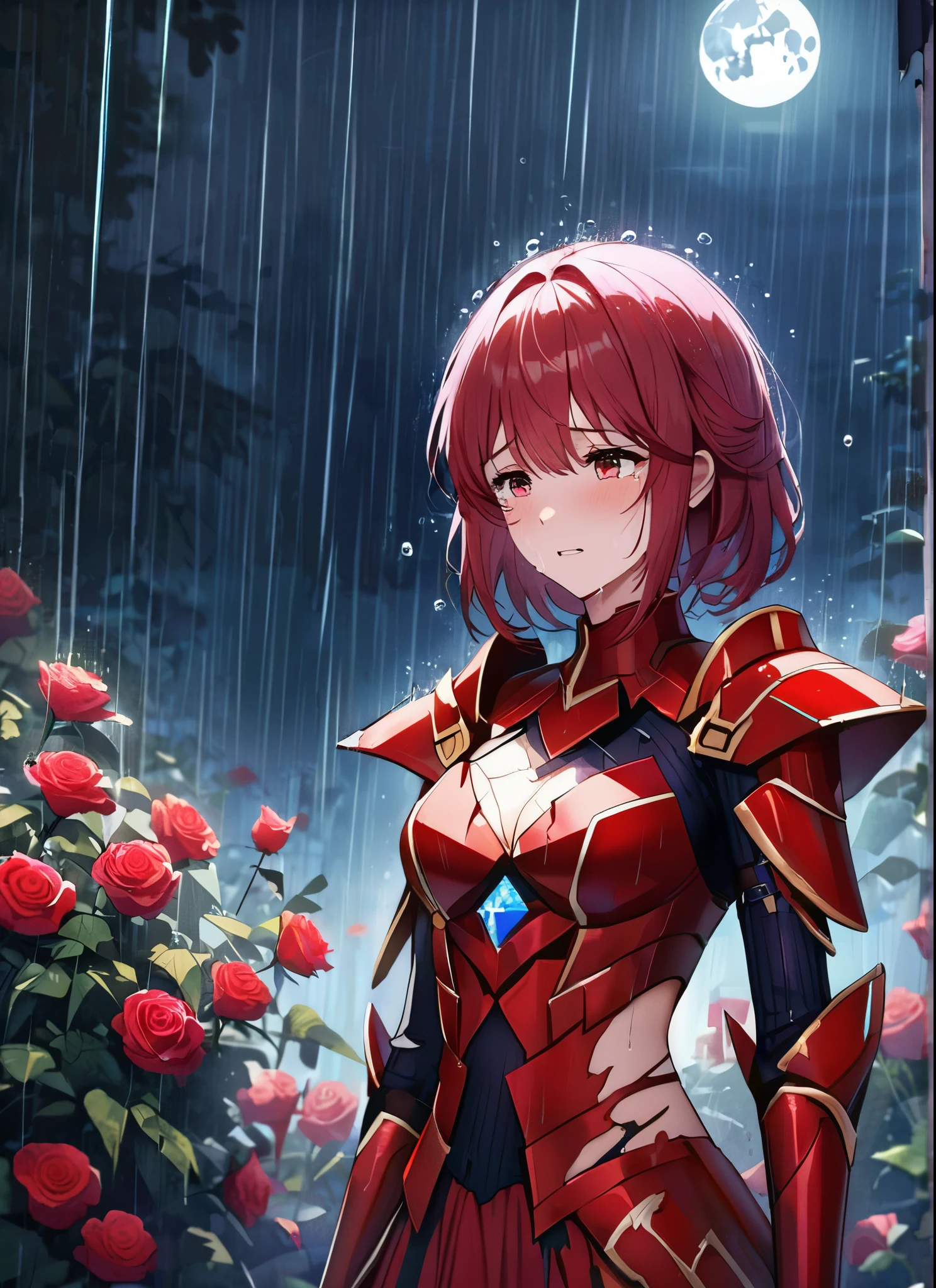 A girl, heartbroken, wearing a ultra shattered and ultra broken cute skimpy flame dress armor, ultra detailed red dress leather armor, lot of missing pieces, very damaged armor ,ripped clothes, broken helmet ,in tears, sad, dramatic scene, tears flowing in the face, garden, roses, rain, ultra detailed face, night, moonglow, light of the moon