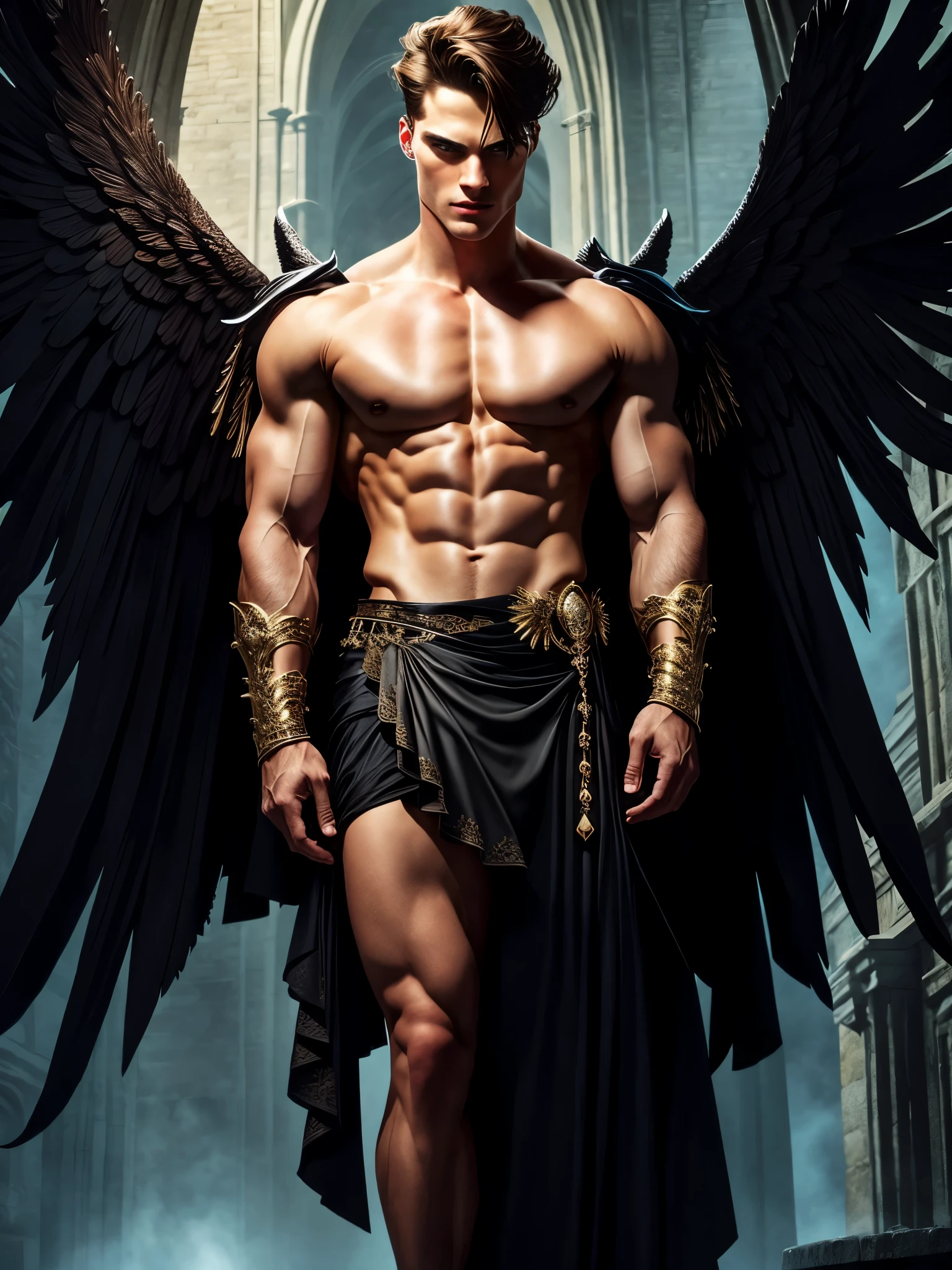(extremely detailed 8k wallpaper), a medium shot shot of a young male model, masculine features, blue eyes, brown hair, strong jawline, fit body, which tall, full body, prince aesthetic, gothic architecture, shirtless, soft lighting, beauty lighting , huge massive black angel wings,