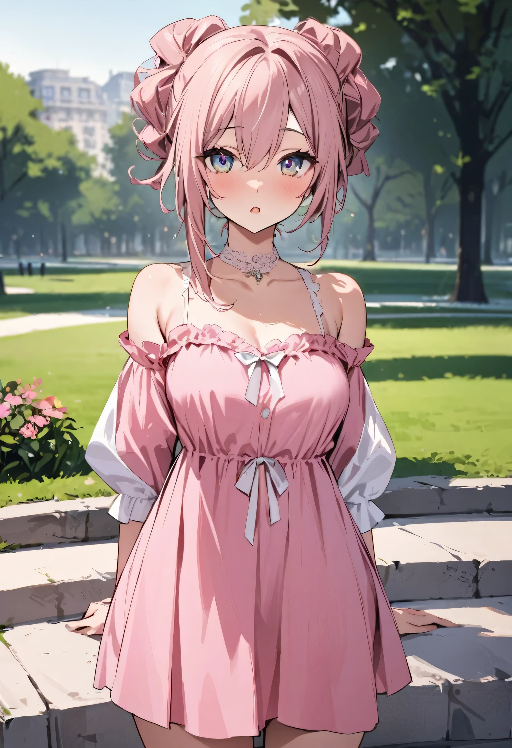 masterpiece、Mastepiece、22-year-old woman、Beautiful eyes、Random hairstyle、Perfect proportions、wear a pink dress、The background is a park