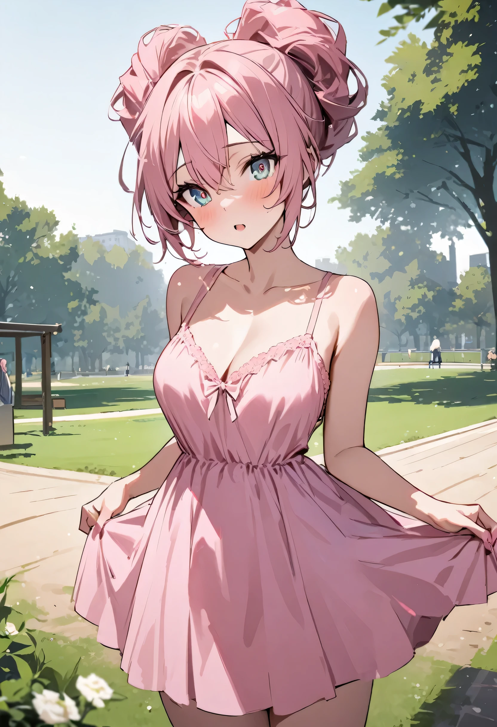 masterpiece、Mastepiece、22-year-old woman、Beautiful eyes、Random hairstyle、Perfect proportions、wear a pink dress、The background is a park