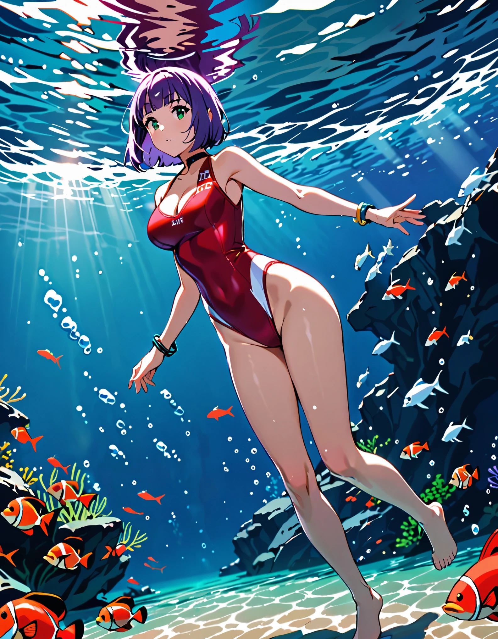 masterpiece, best quality, highres, 1girl, bangs, barefoot, bob_cut, bracelet, breasts, cleavage, full body, green eyes, leotard, medium breasts, purple hair, red leotard, red swimsuit, short hair, solo, standing, lifeguard, swimming, underwater