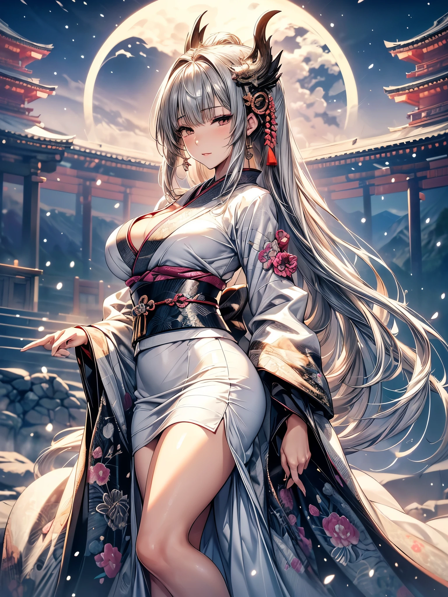 (Beautiful models in Japanese kimono ads), (Solitary), ((The face is 80% Beauty and elegance, 20% Playful:1.5)), (Her), Clear eyes, (Delicate eyes, Light brown eyes, Smart pupils), Double eyelids, (Sexy and slightly thick lips:1.2), Ultra Detailed and incredibly high resolution Kimono, Highly detailed facial texture, Attractive body shape, Full figure、very attractive woman, High-resolution RAW color photos Professional photos, rest ultra high-resolution textures, High resolution body rendering, big eyes, An unrivalled masterpiece, Incredibly high resolution, Ultra Detailed, Amazing ceramic skin, rest (Wearing a sparkling limpa flow silver kimono，There are many colors of Limpa Silver), (The main color is Rinpa shiny silver, Black to silver gradient from hem to collar), (Meticulously crafted classic Japanese shiny silver kimono), ((The embroidery pattern is a Japanese dragon, cloud, Mountains, and rivers)), (A belt that matches this kimono), ((shiny silver kimono，With delicate and elegant embroidery)), (The background is a night view，Light snow falling) rest ((best quality, 8k)), Clear focus:1.2, (Layer cutting, Large target:1.2), (Beautiful Women in Perfect Shape:1.4), (Beautiful figure，Full breasts:1.3), Slim waist, (The right hand shape:1.5), (full-body shot | Cowboy shooting | Rear view)